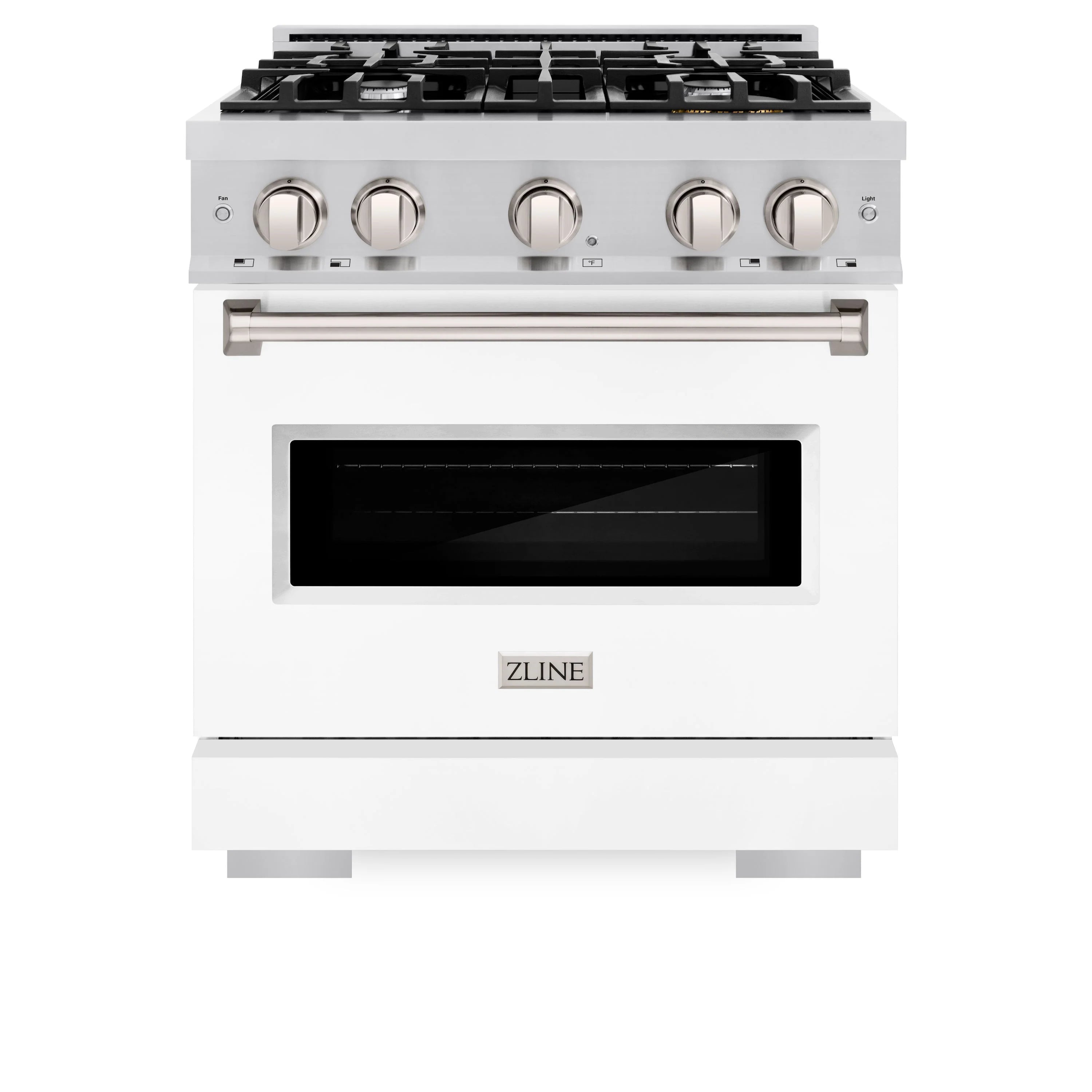 ZLINE dual fuel range with 4-burner gas cooktop and white matte oven door