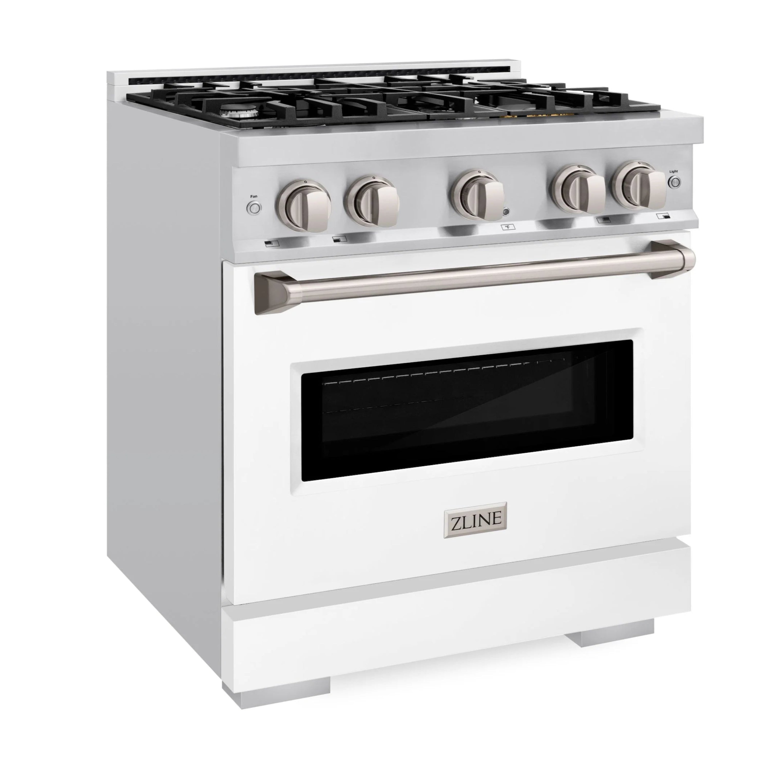 ZLINE dual fuel range with 4-burner cooktop, stainless knobs, and oven door window