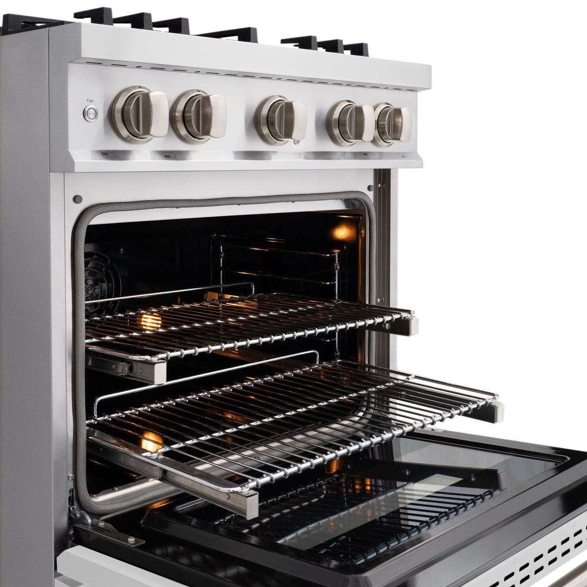 ZLINE dual fuel range convection oven interior with multiple racks and warm oven light