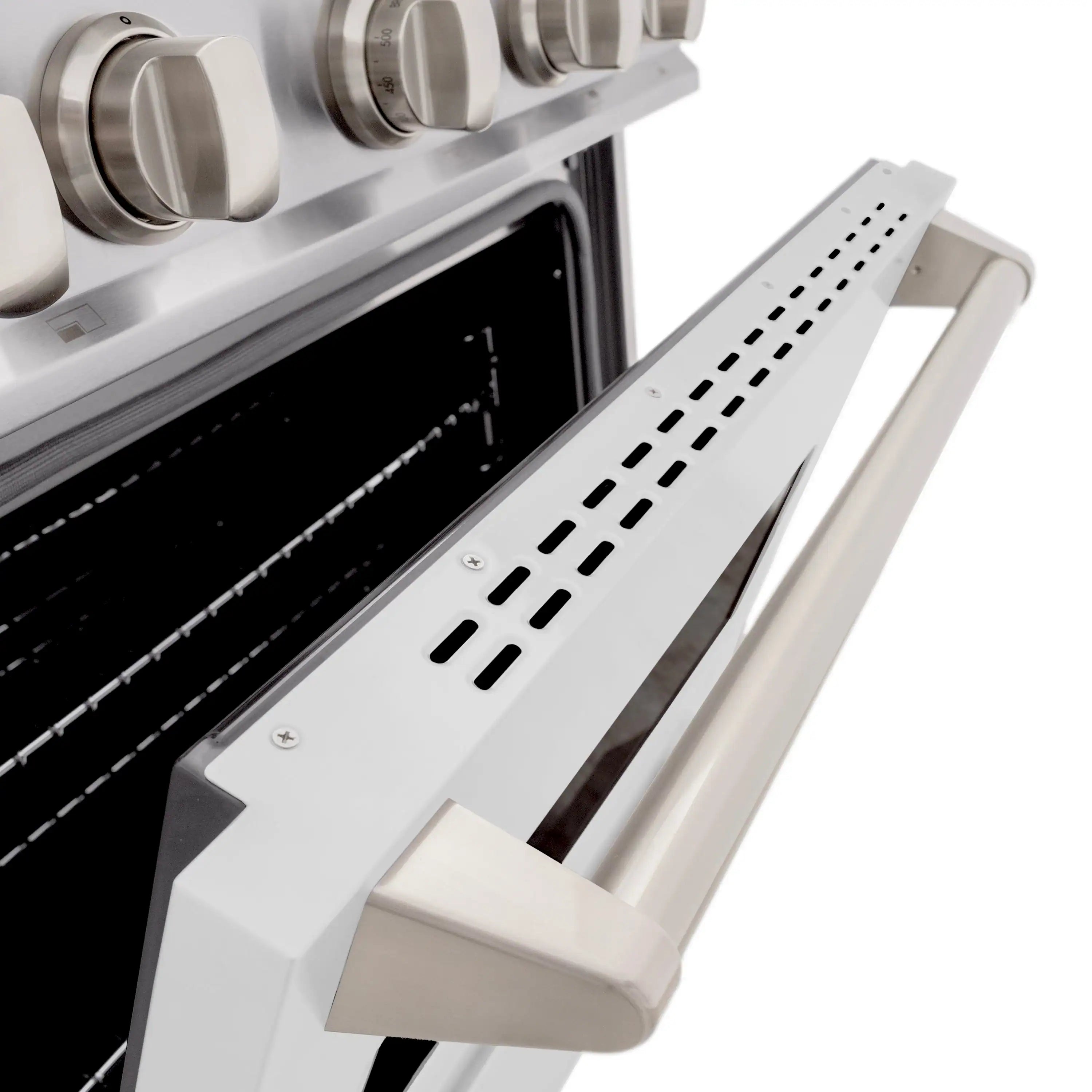 Oven handle and vented lower panel with air slots beside open black oven door