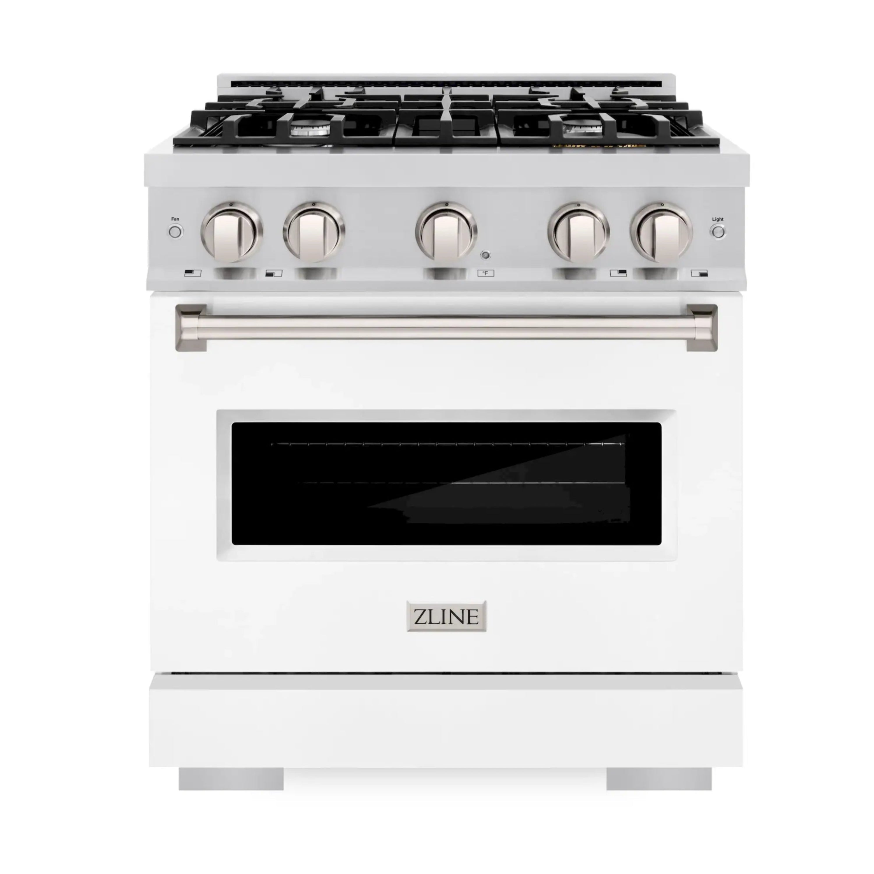 Stainless gas range with white matte oven door, black window, and front control knobs