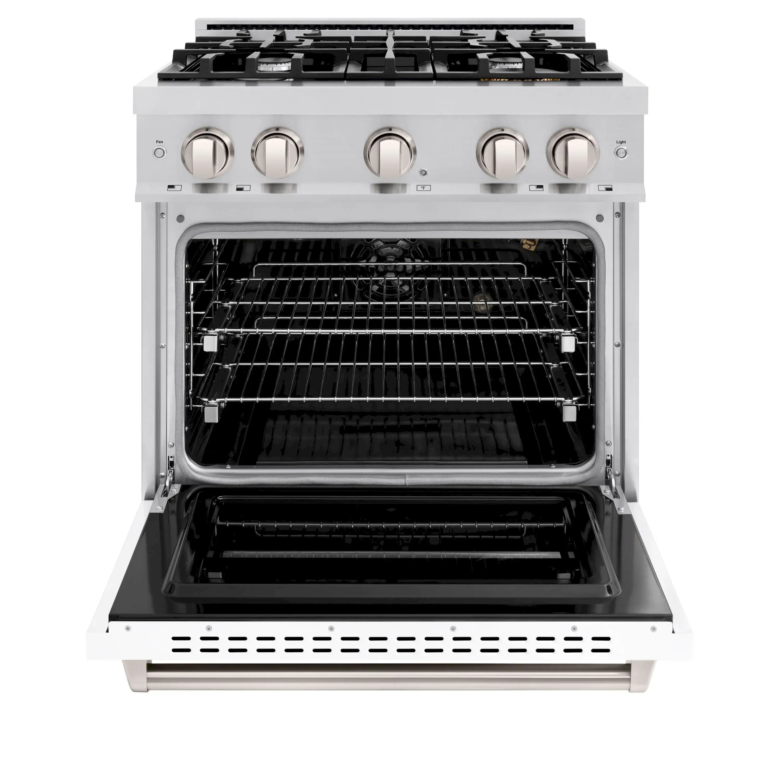 Gas oven with door open, black cavity and upper rack inside stainless range