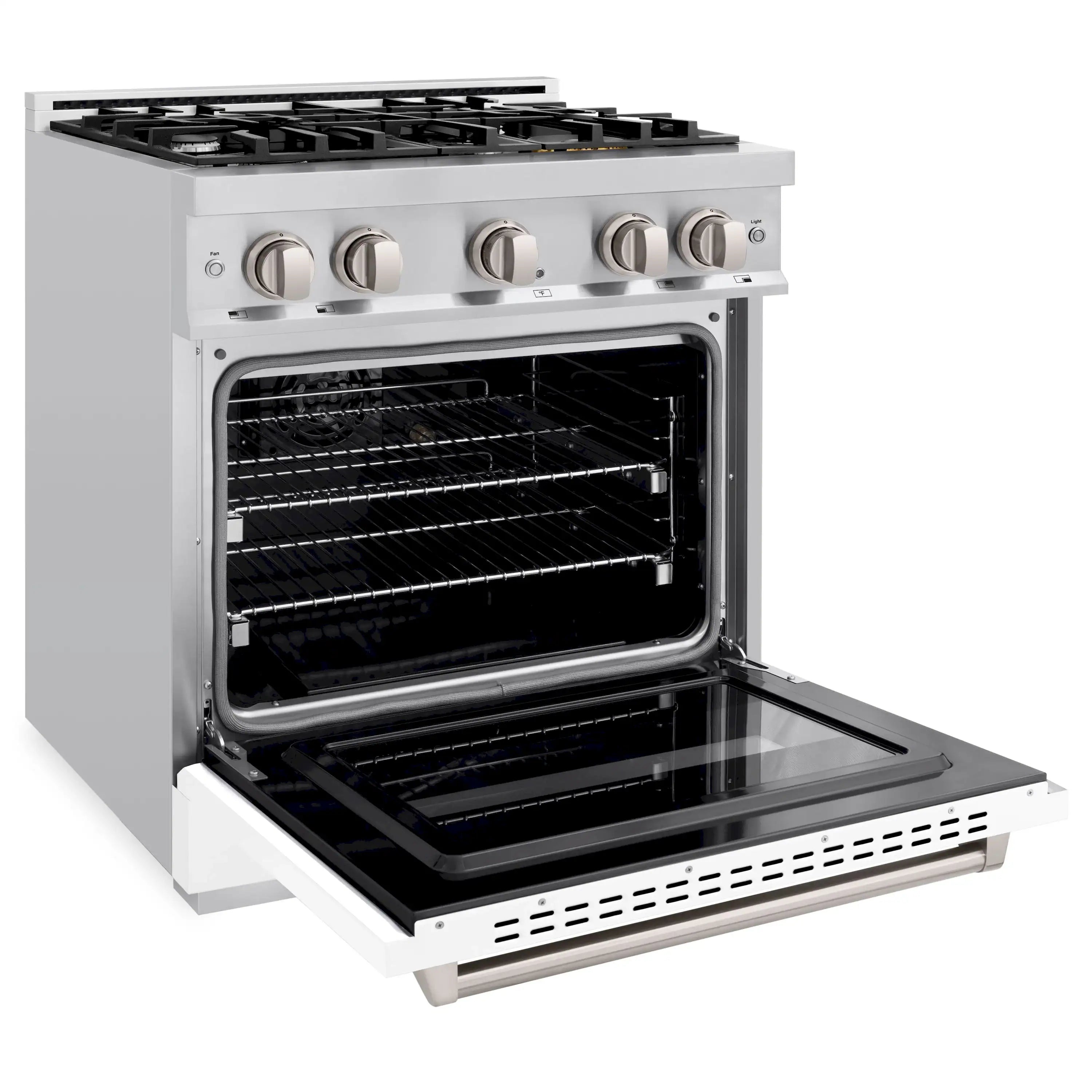 White matte gas convection oven with door open, black interior and wire oven racks