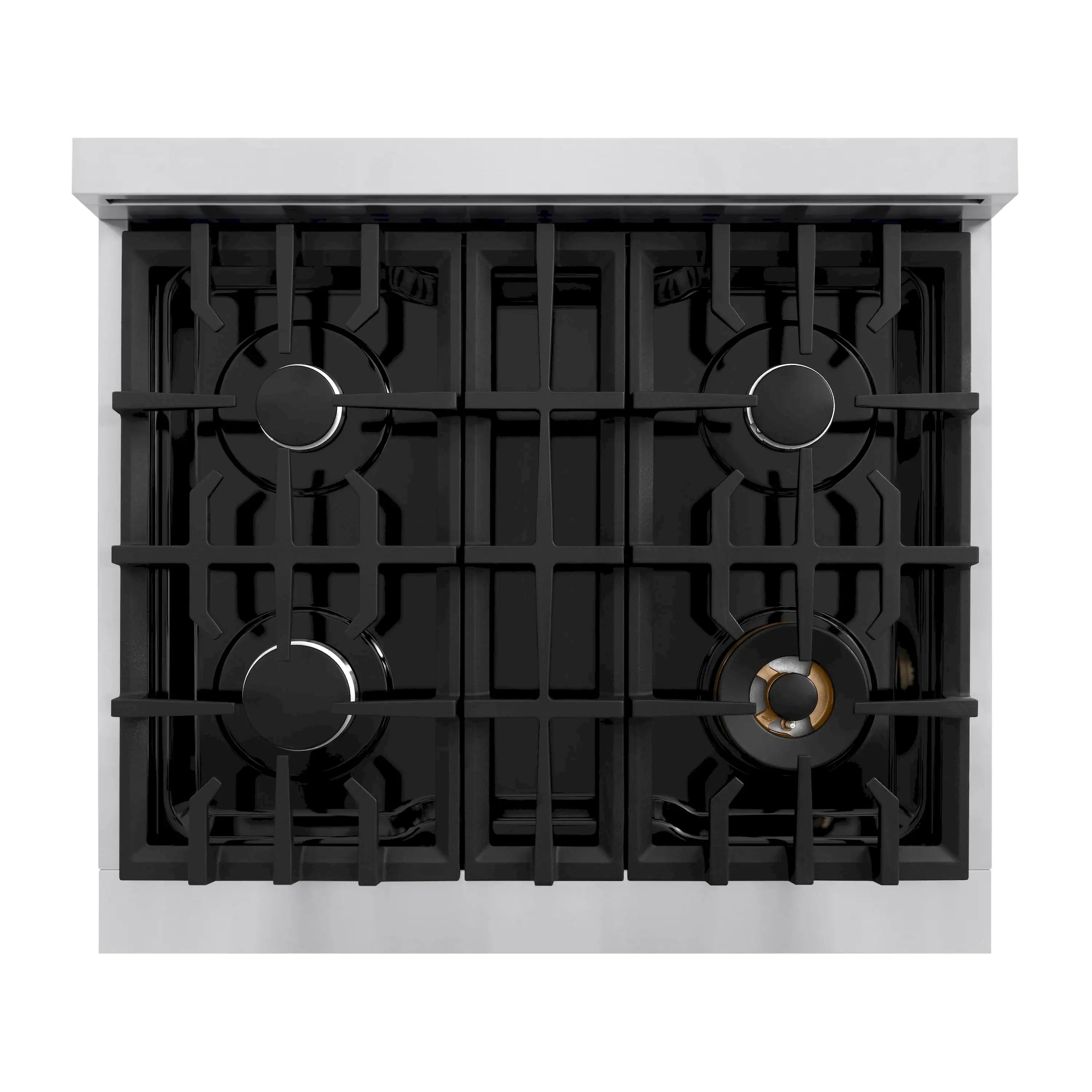 Four-burner gas cooktop with black grates and control area on white range top