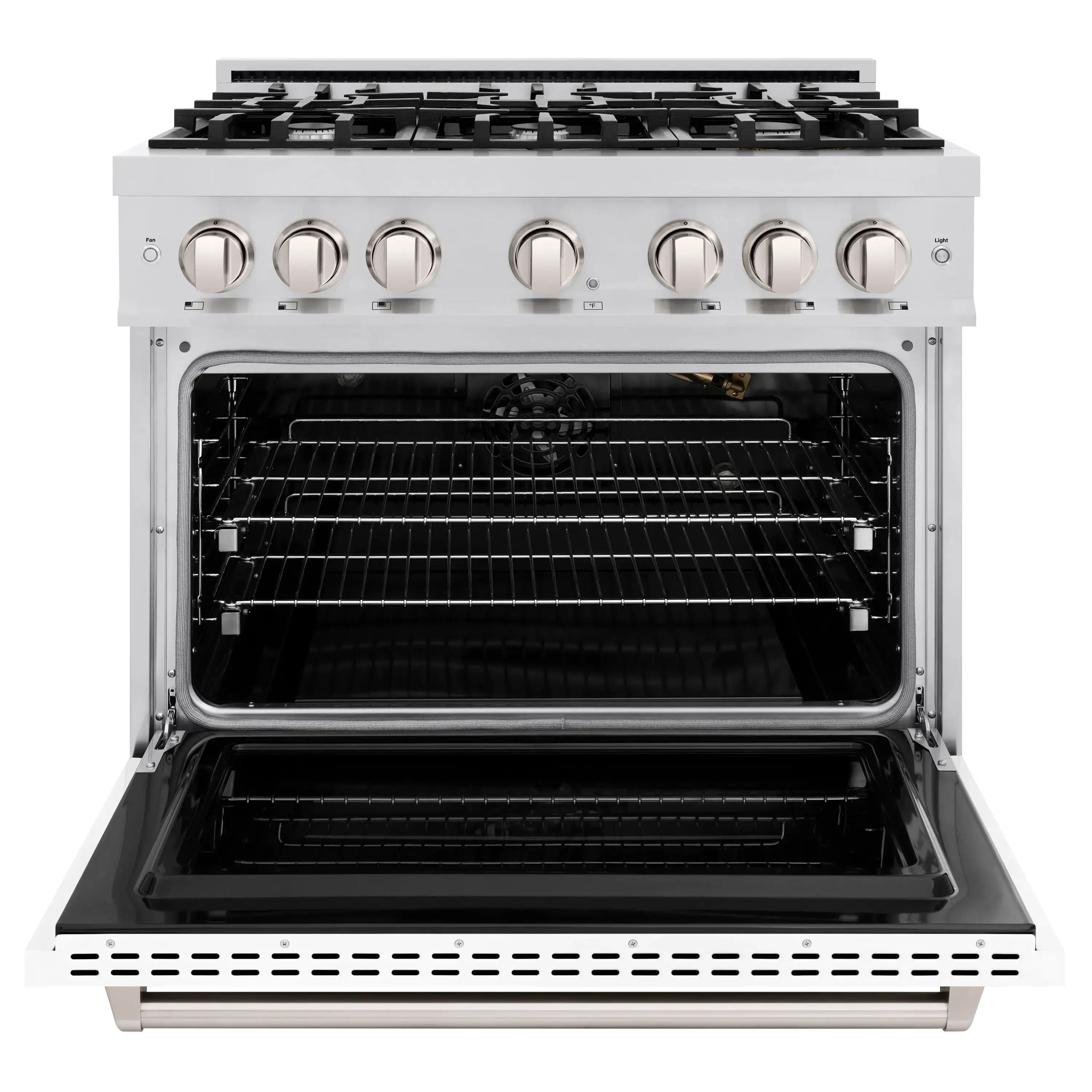 Gas range with open oven door, black interior racks, and stainless oven frame