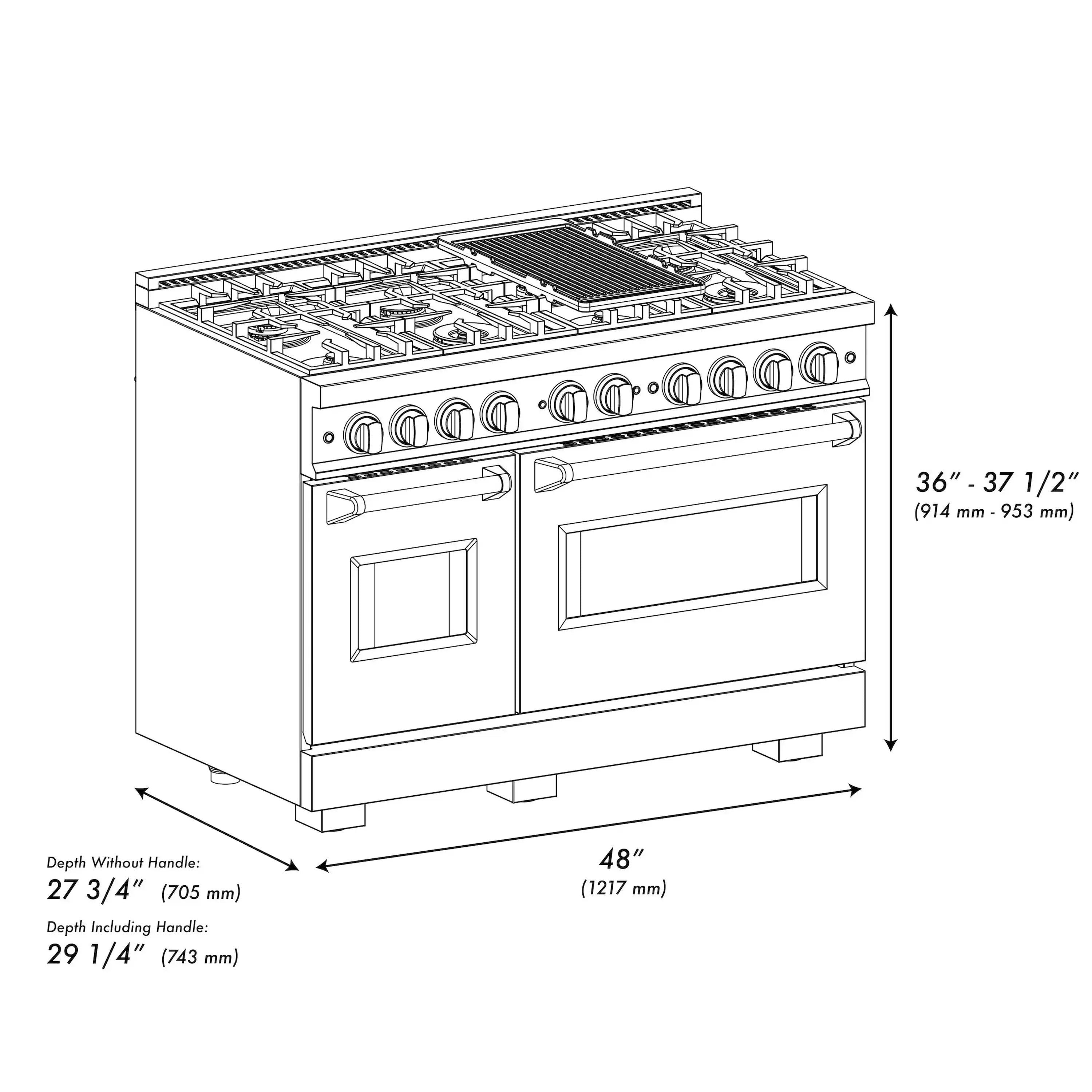Line diagram of a white stainless gas range with control panel and double ovens