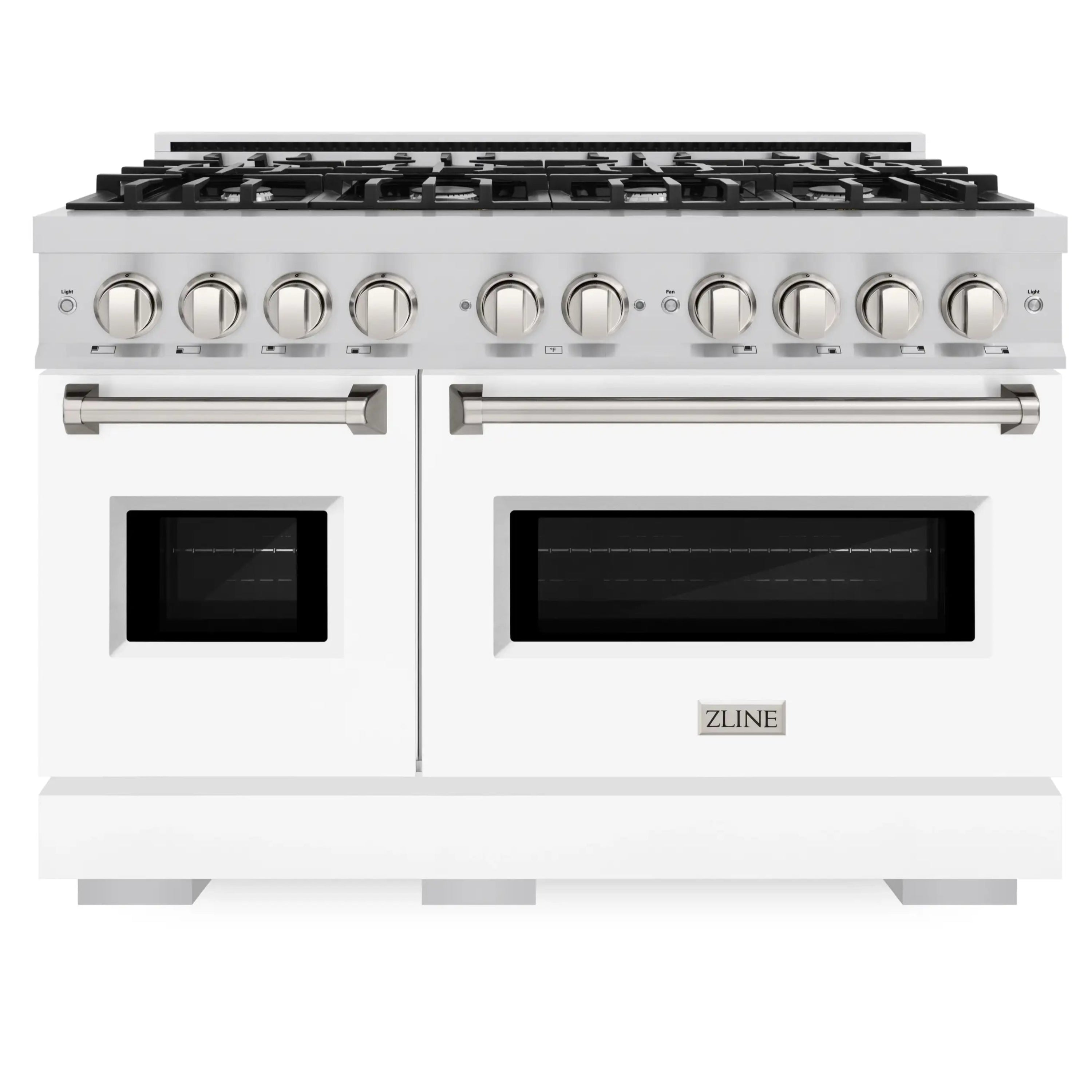 Front view of white gas range with black grates and dual glass oven doors
