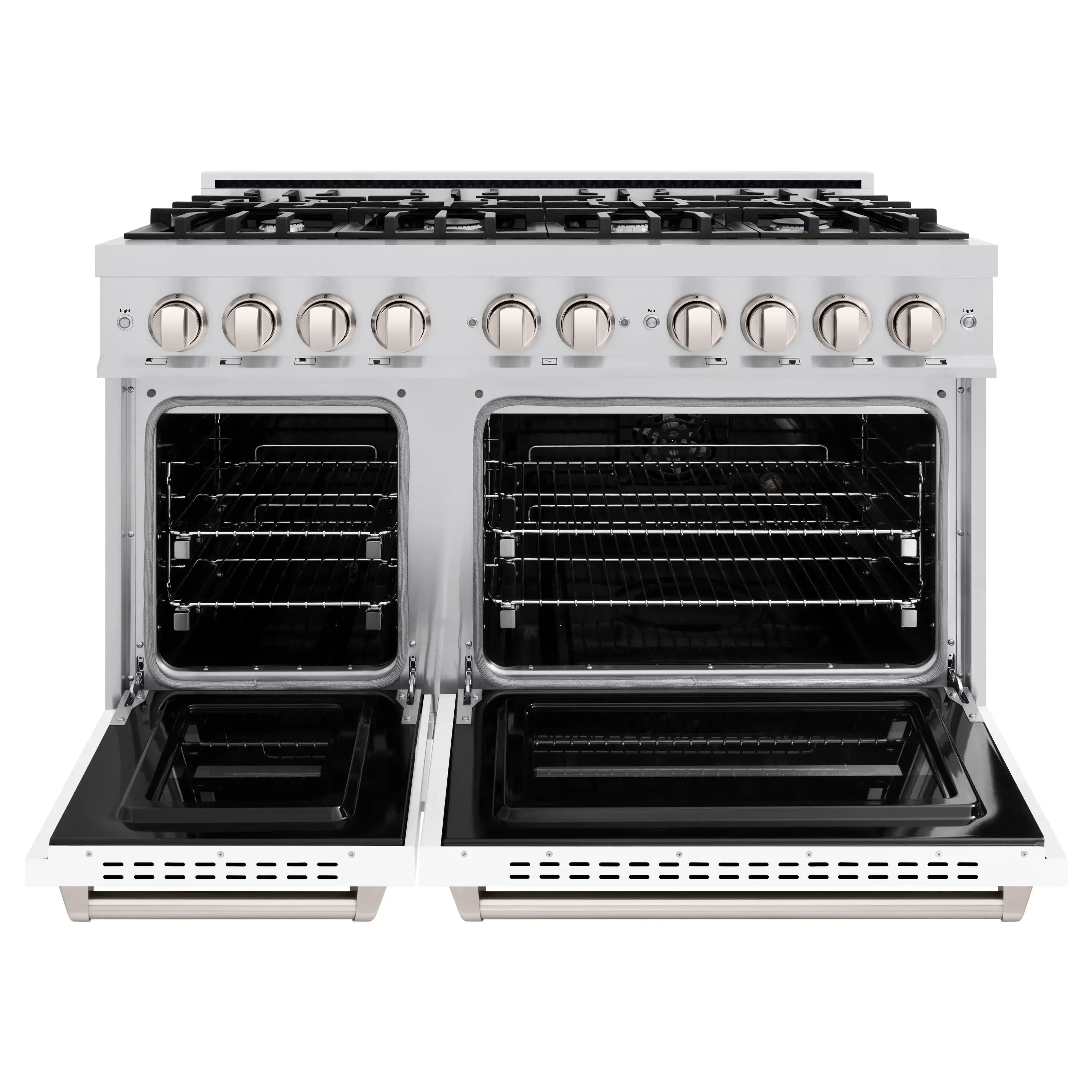 Stainless and white gas range with open dual ovens and black burner grates