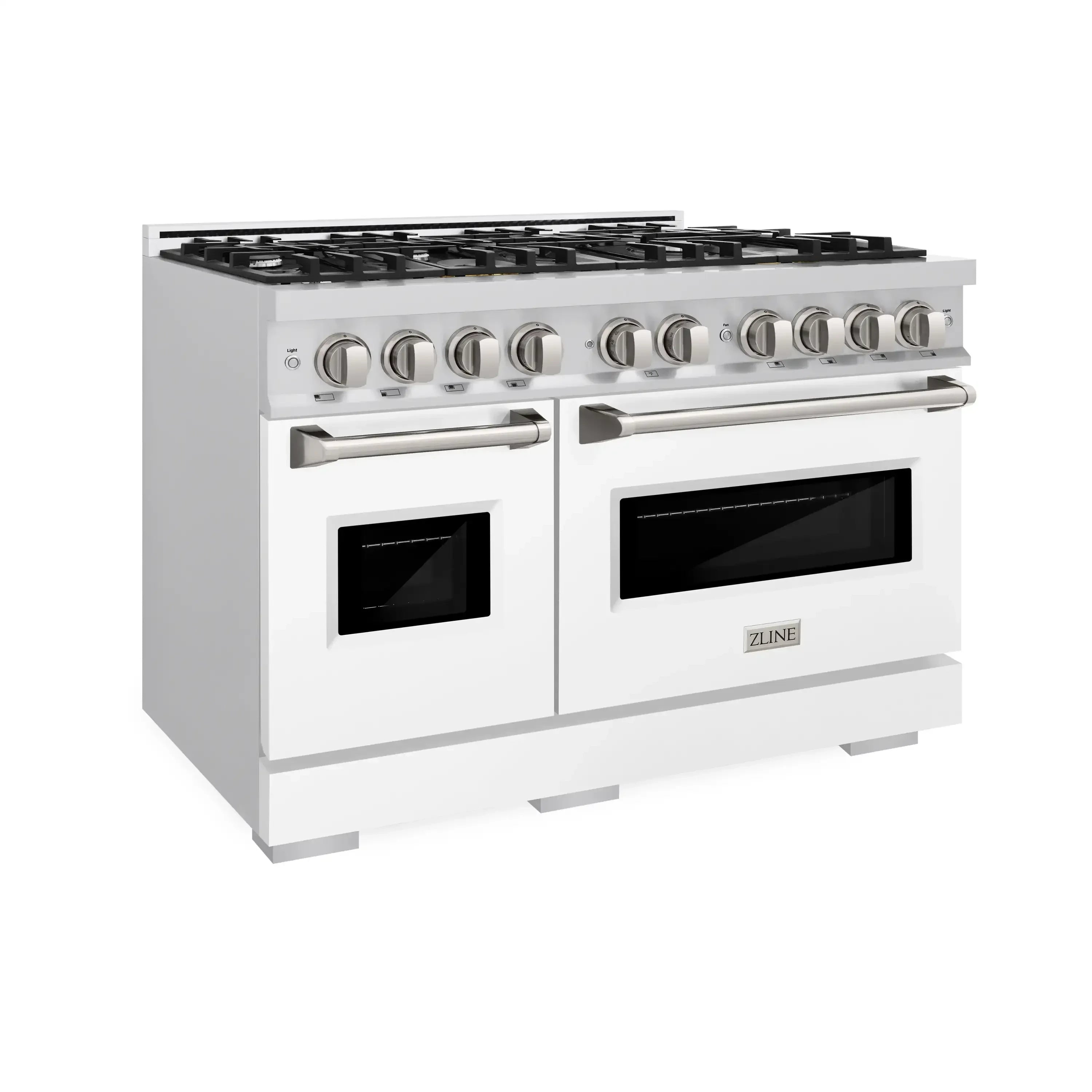 White and stainless gas range with black grates, control knobs, and two oven doors