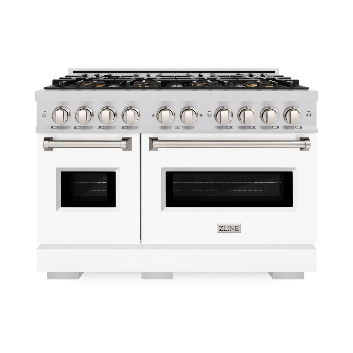 White dual fuel range with eight knobs, black cooktop grates, and dual oven windows