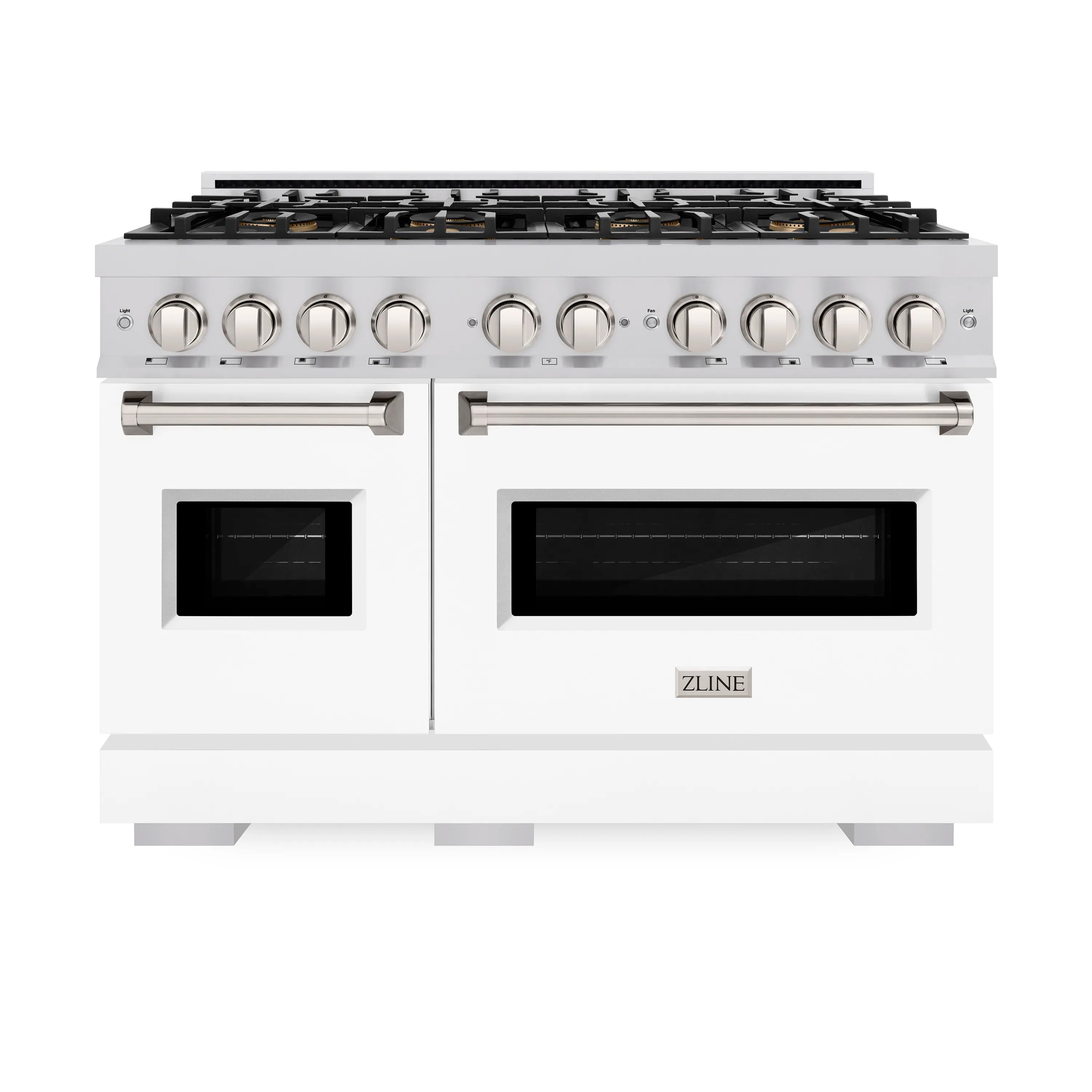 White dual fuel range front view with black cooktop grates and dual oven doors
