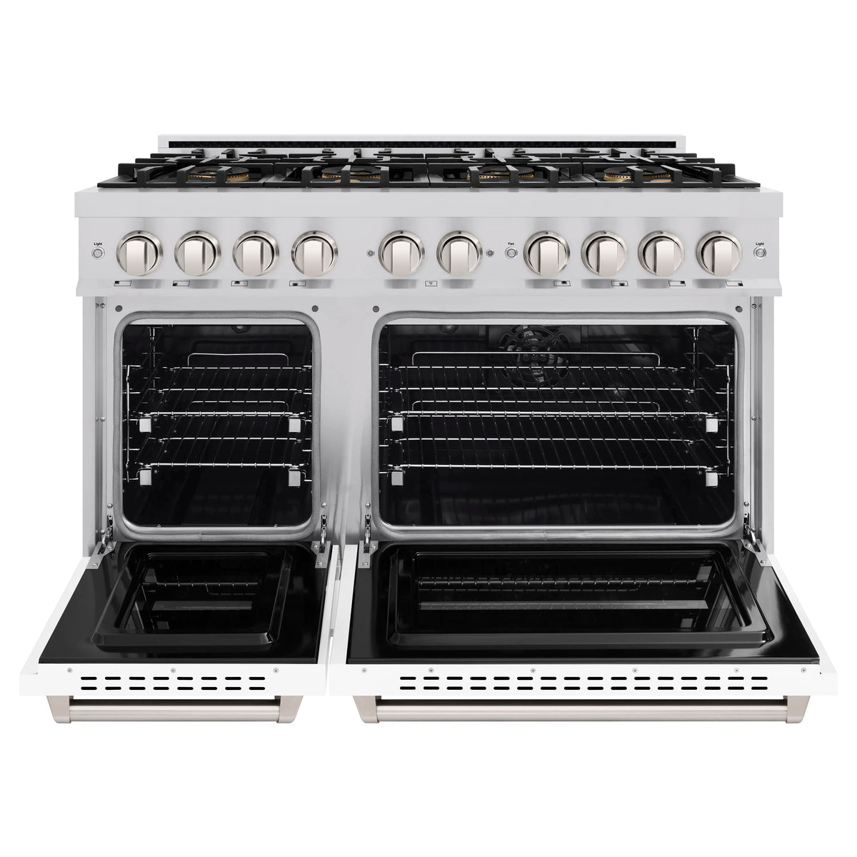 Dual oven range with both oven doors open, showing black interiors and racks