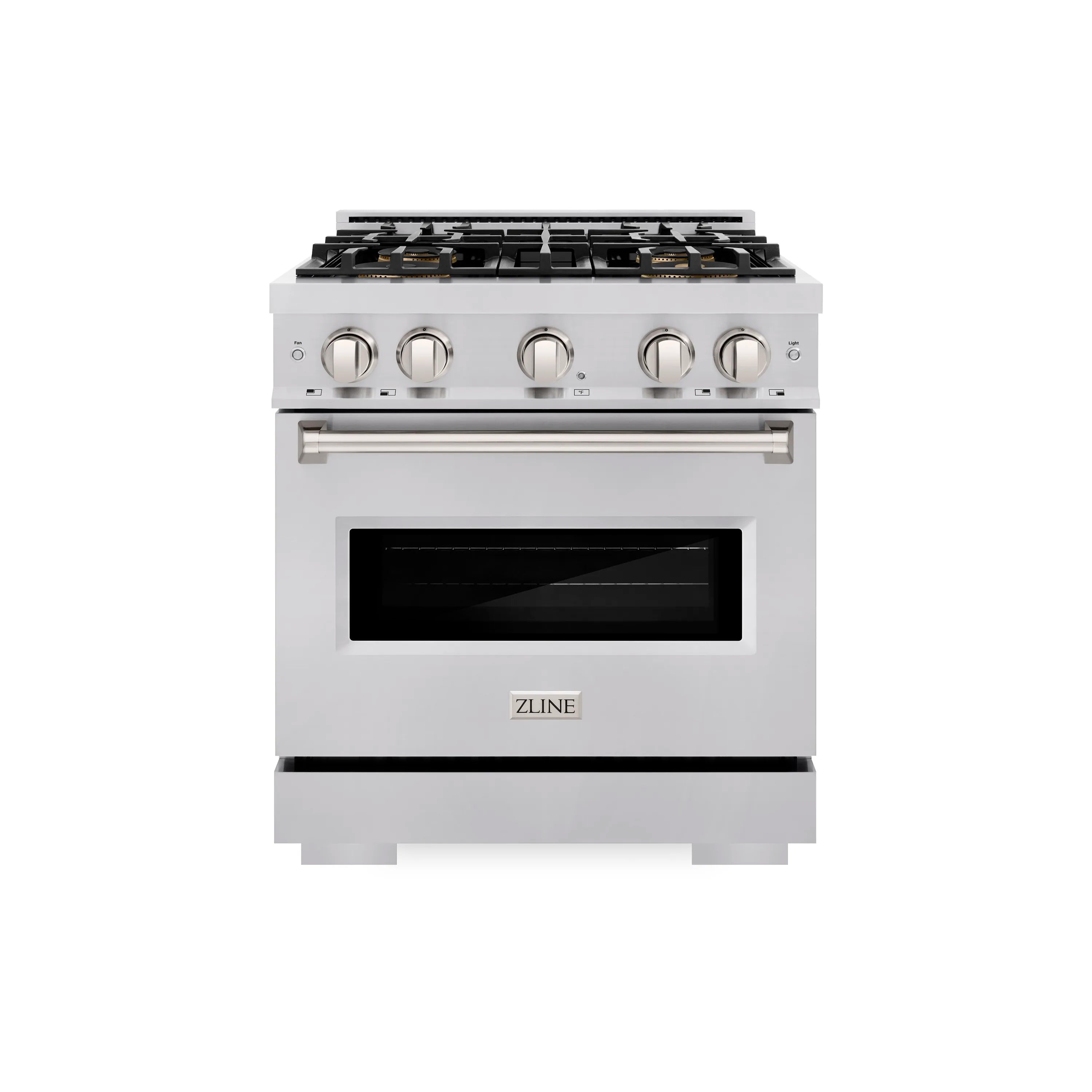 White dual fuel range with four gas burners and black glass oven door