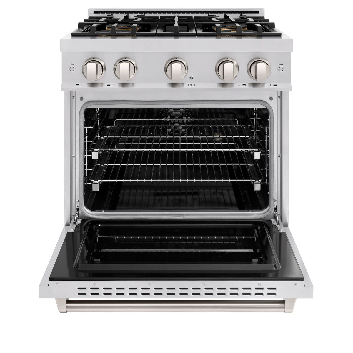 ZLINE dual fuel range oven door open, showing black interior racks and cavity