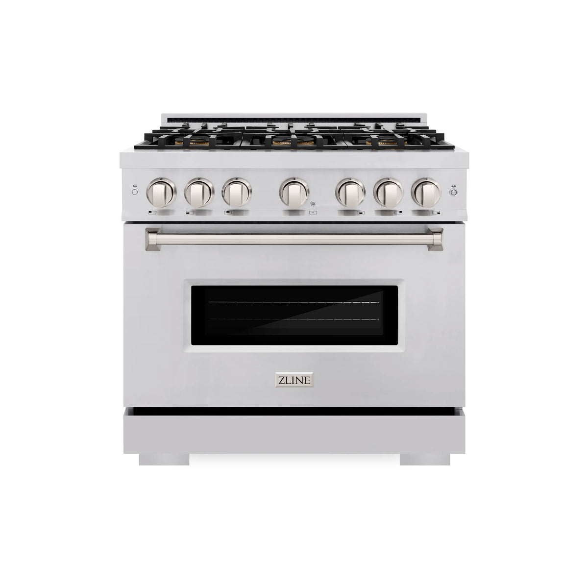 Stainless steel dual fuel range front view with knob controls and oven window