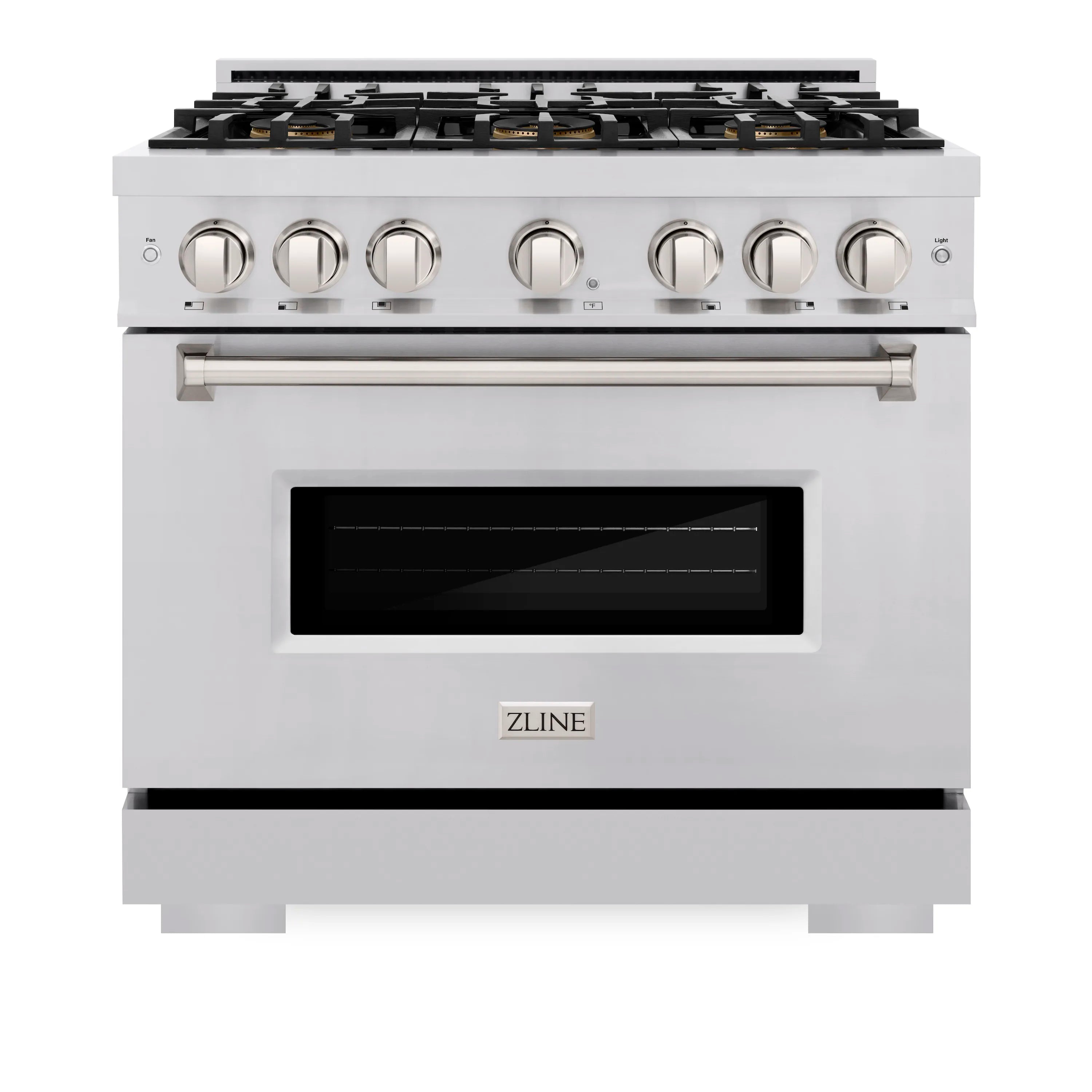 Stainless steel dual fuel range with 6-burner cooktop and black window oven door