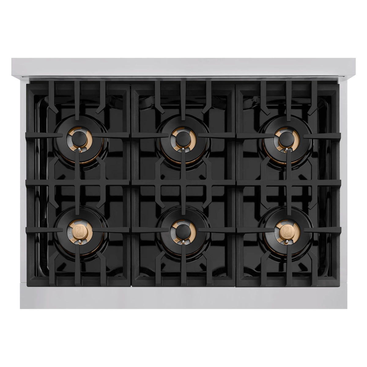Stainless steel dual fuel range cooktop with 6 black grates and brass-toned burner caps