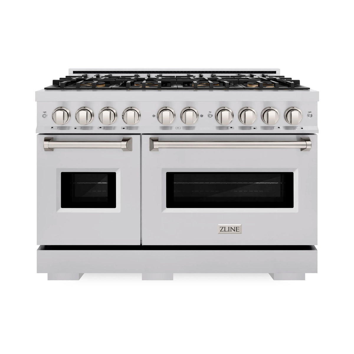 Stainless steel dual fuel range front view with twin oven doors, glass windows, and knobs