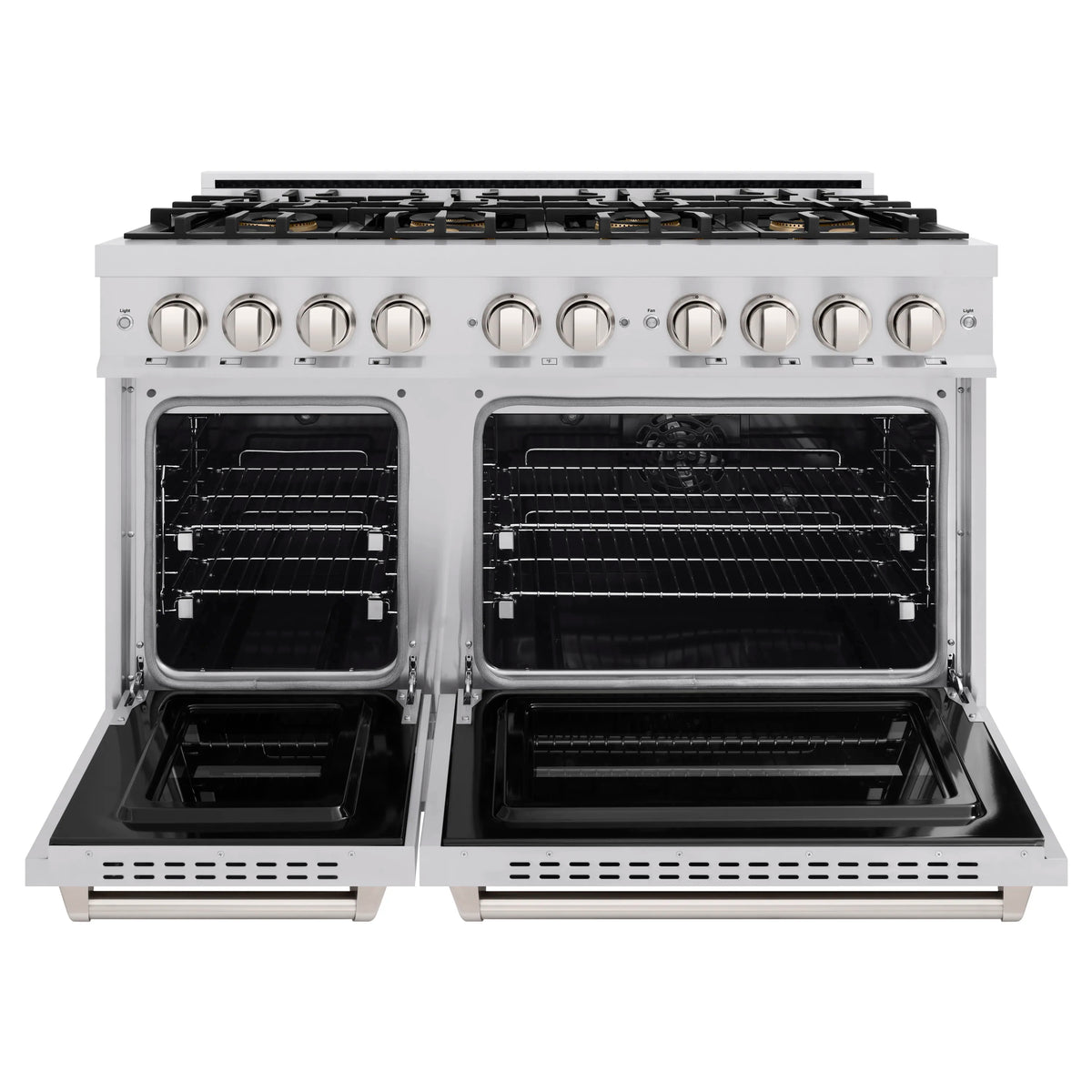 Dual oven range with cooktop above; both oven doors open showing racks and interior lights