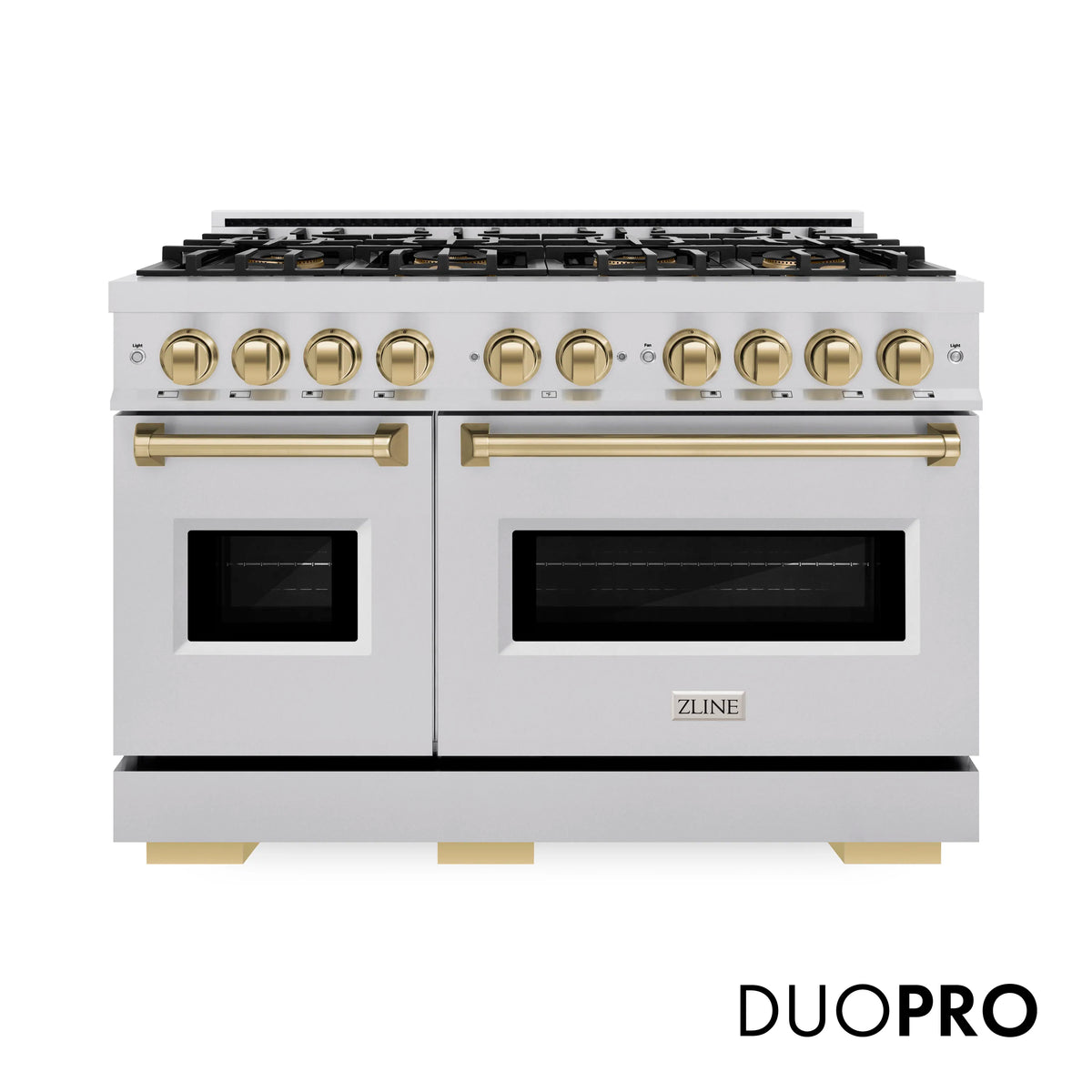 Dual fuel range front view with gold knobs, black cooktop grates, and dual ovens