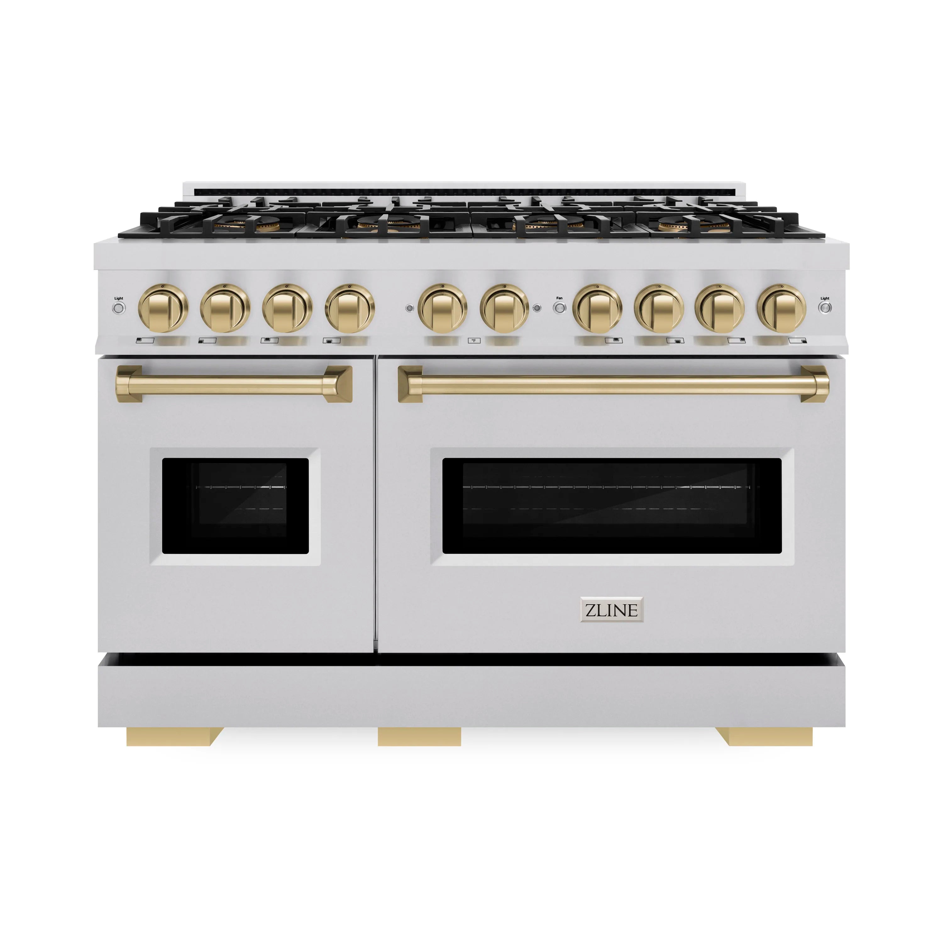 Dual fuel range with white finish, gold burner knobs, and two black oven windows