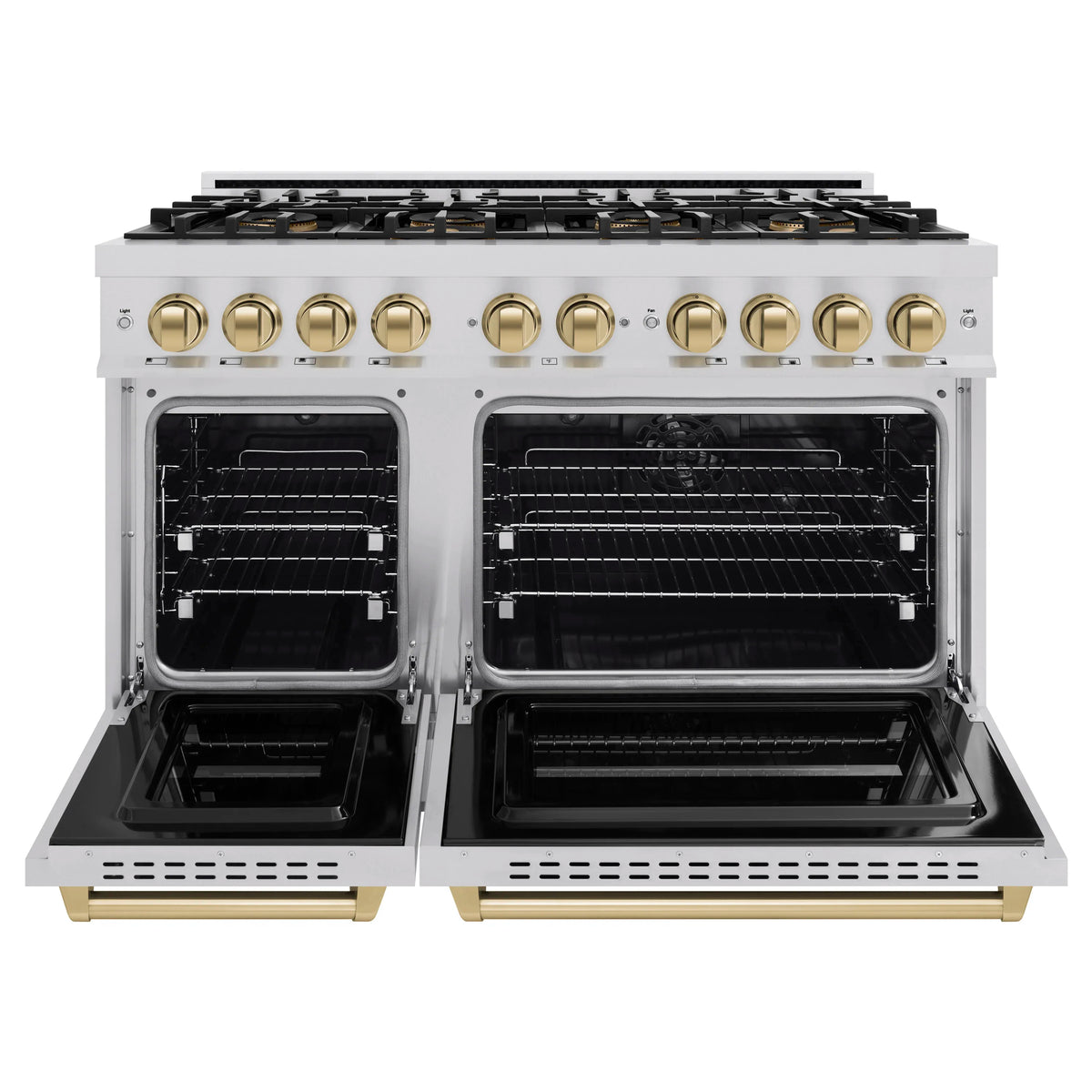 Dual fuel range with two open oven doors and bronze-accent control knobs.