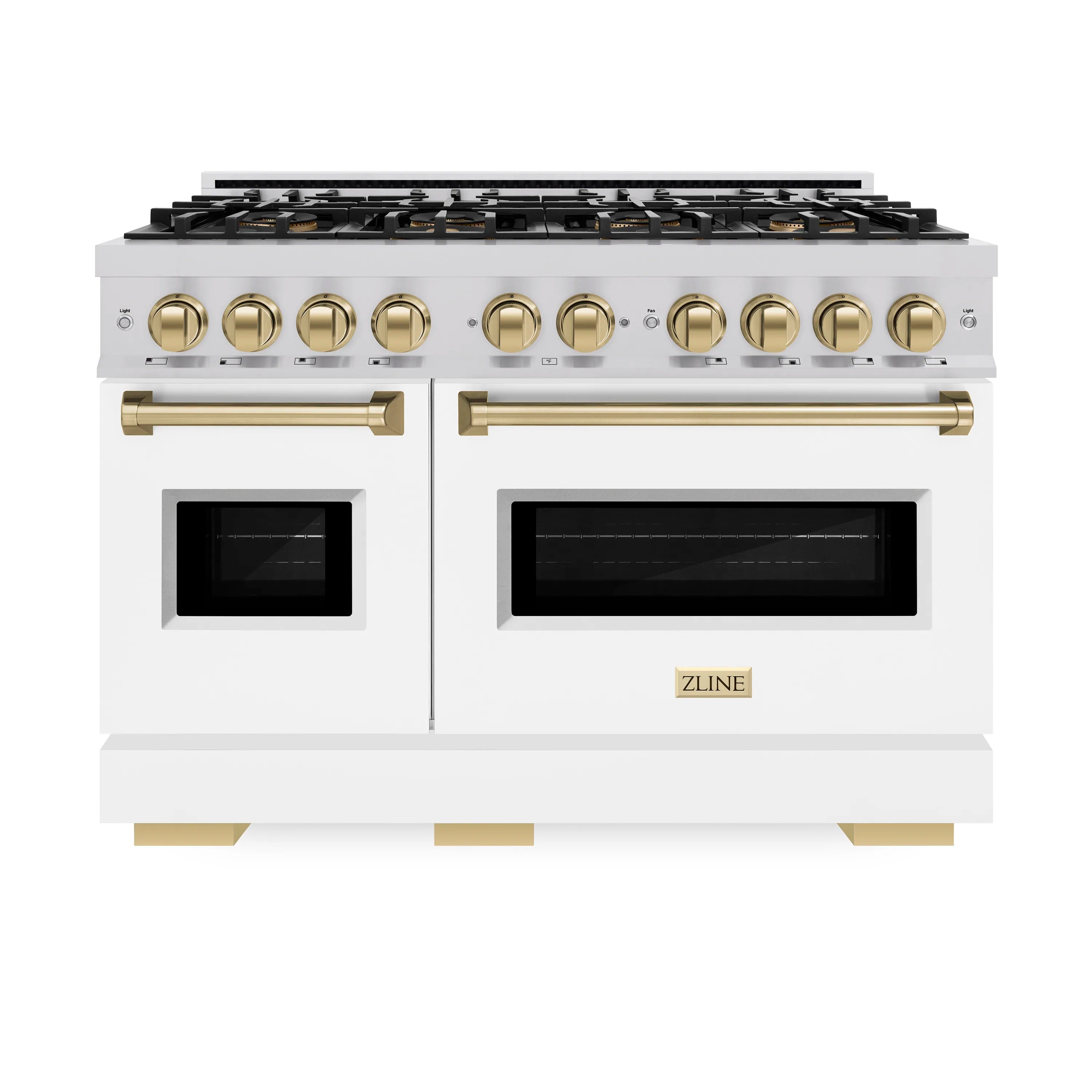 White dual fuel range with bronze knobs, dual oven doors, and black glass windows