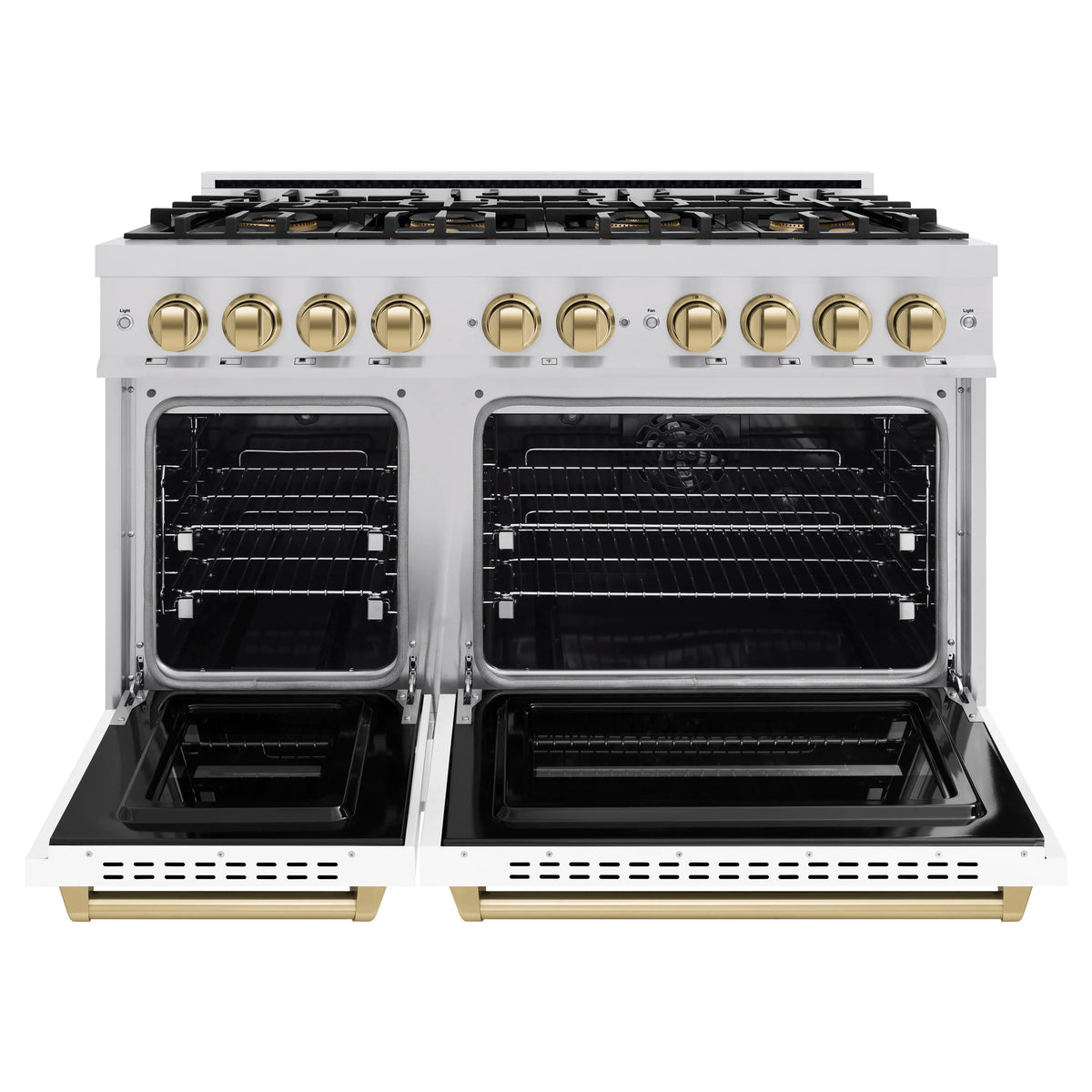 White dual fuel range with open ovens, bronze handles, and black interior racks