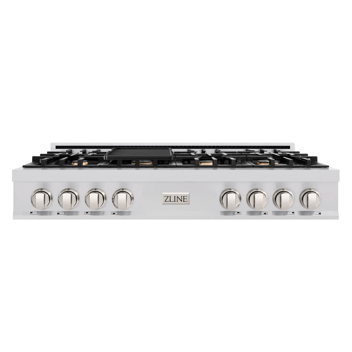 Stainless 48-inch gas stovetop front view with seven burner knobs and ZLINE logo