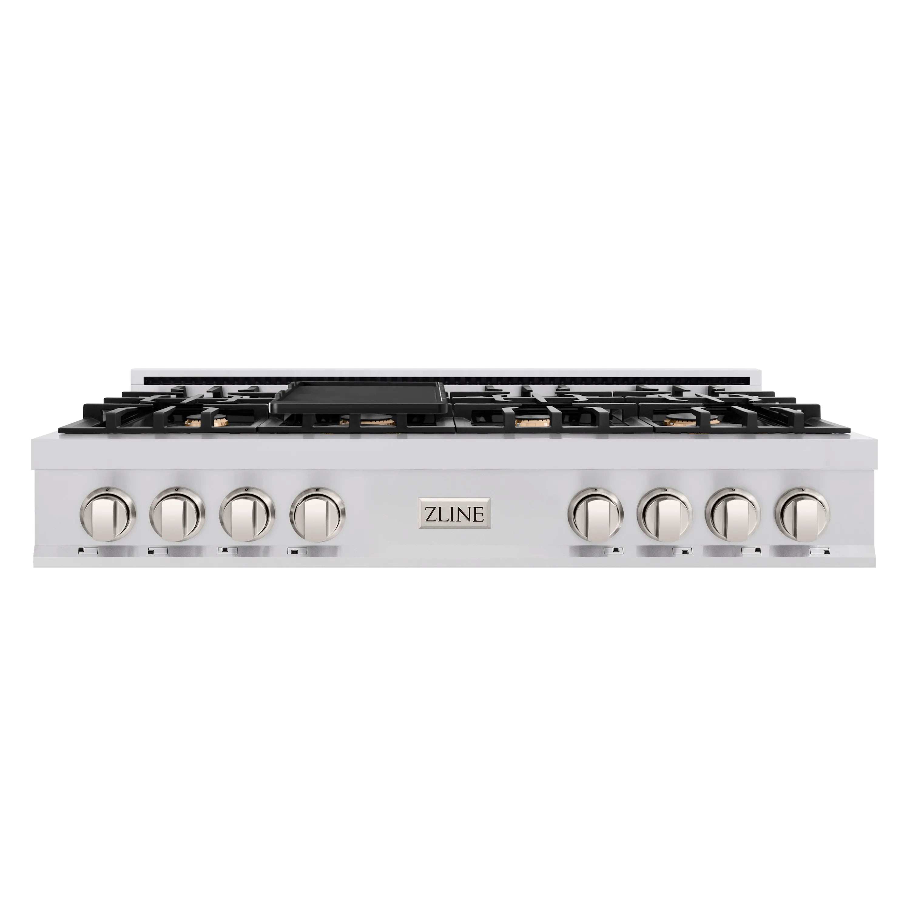 Stainless gas cooktop with ZLINE logo, seven burners, and round control knobs