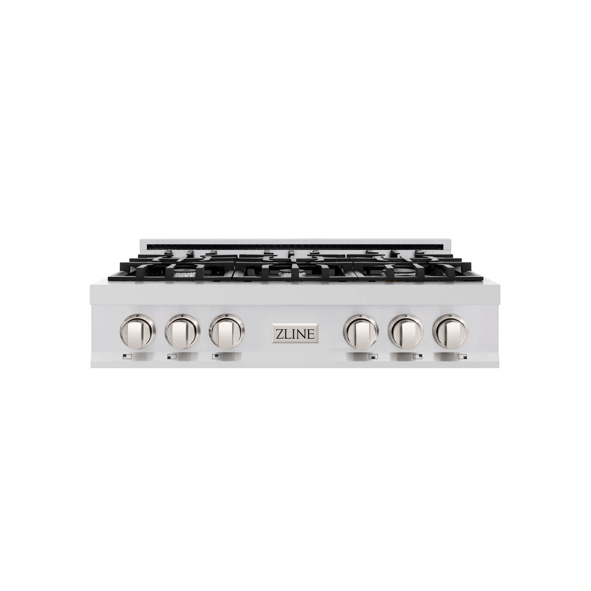 Stainless steel six-burner gas cooktop with round knob controls.