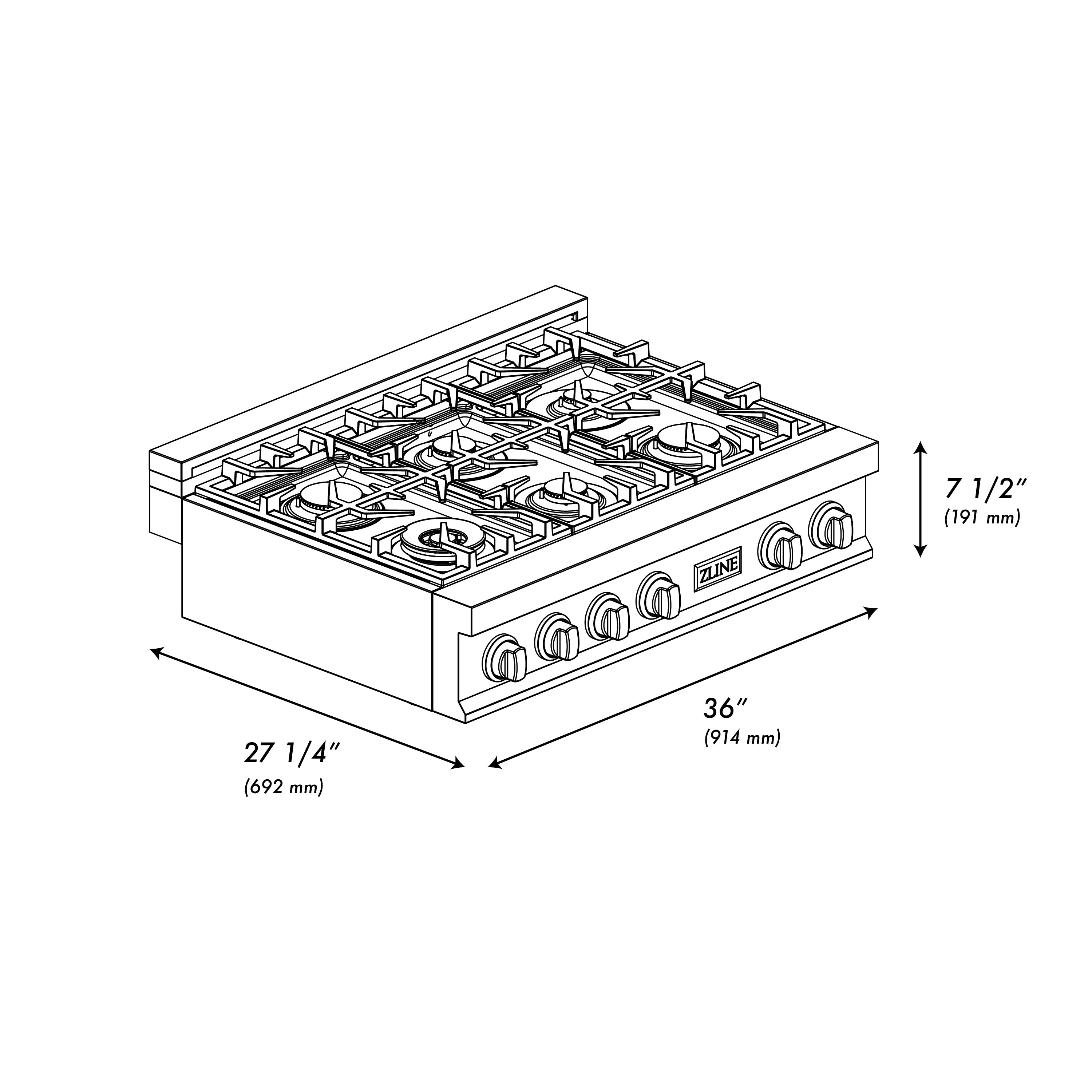 36-inch stainless electric rangetop diagram with four burner zones and control knobs
