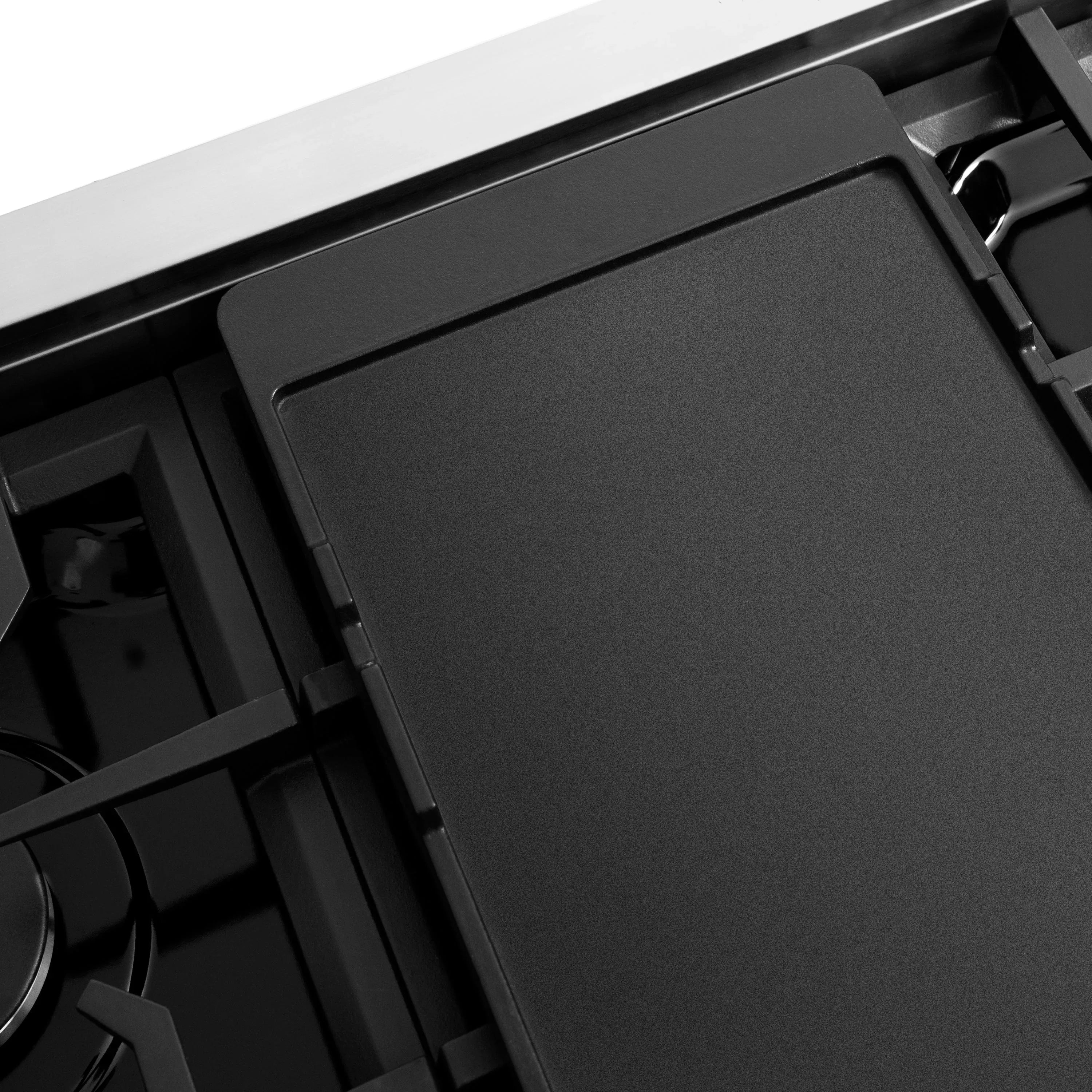 Convertible range hood cover panel with vent opening and dark recessed grille