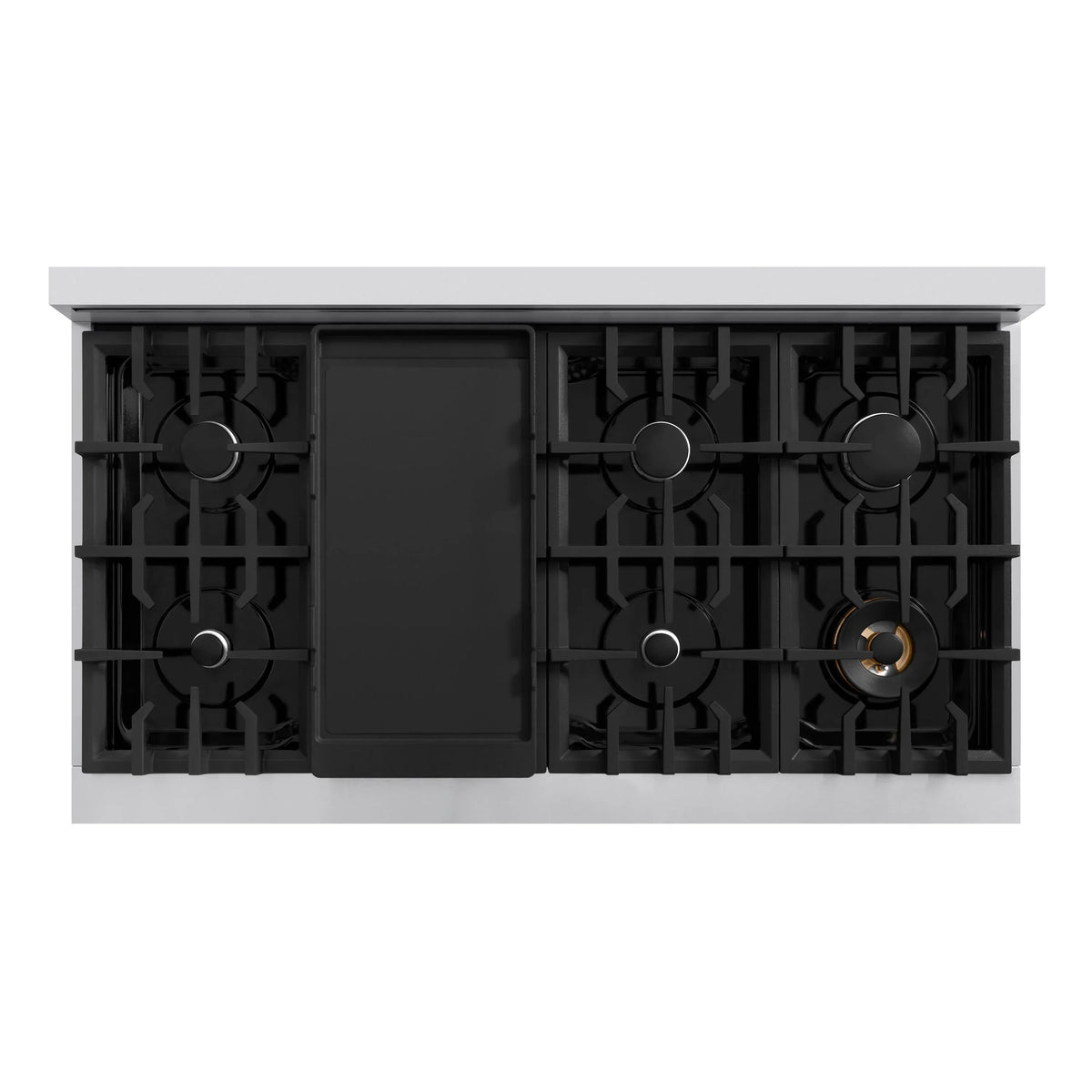 Built-in rangetop with four black burner grates and central control panel