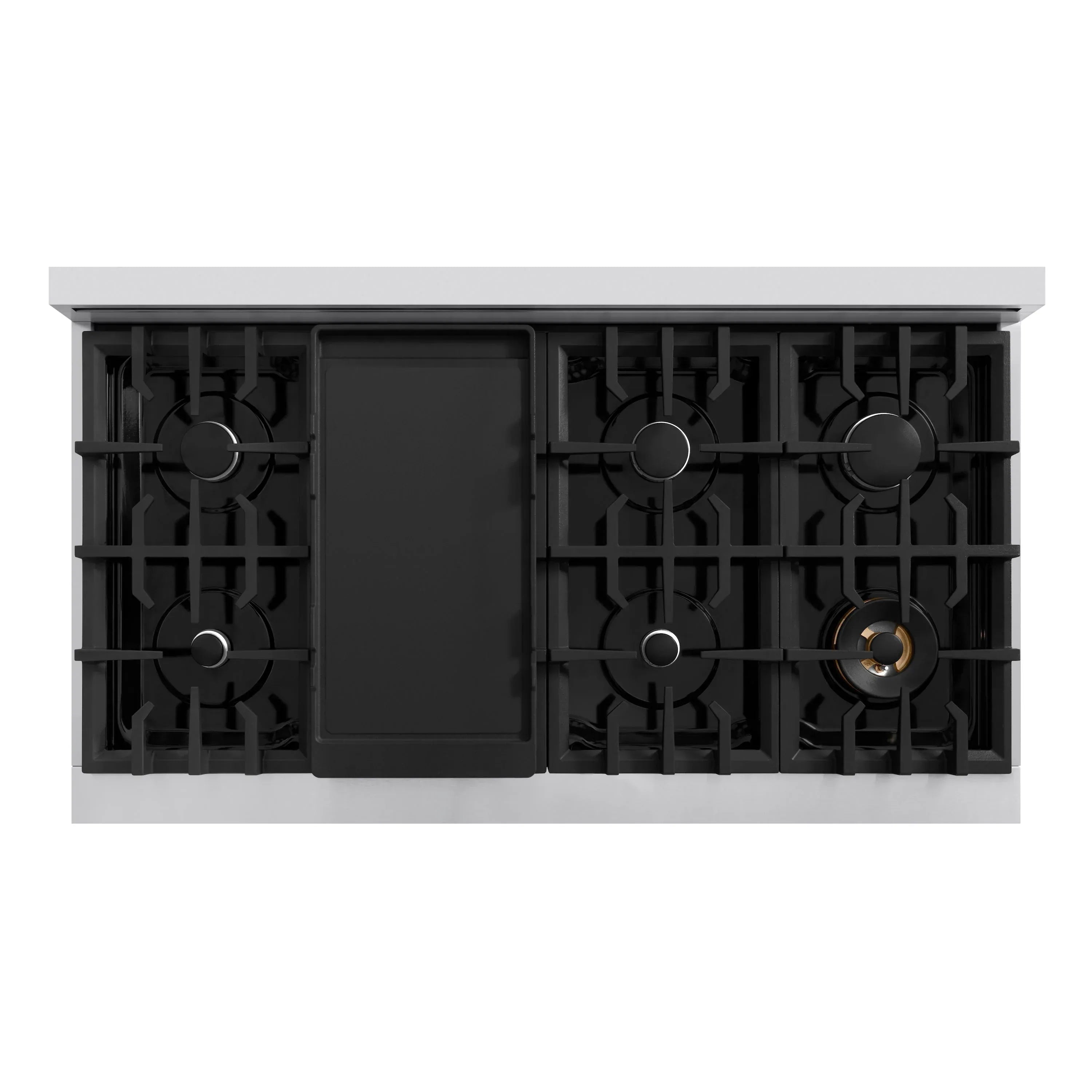 Underside view of four-burner cooktop with grate frames and ignition port
