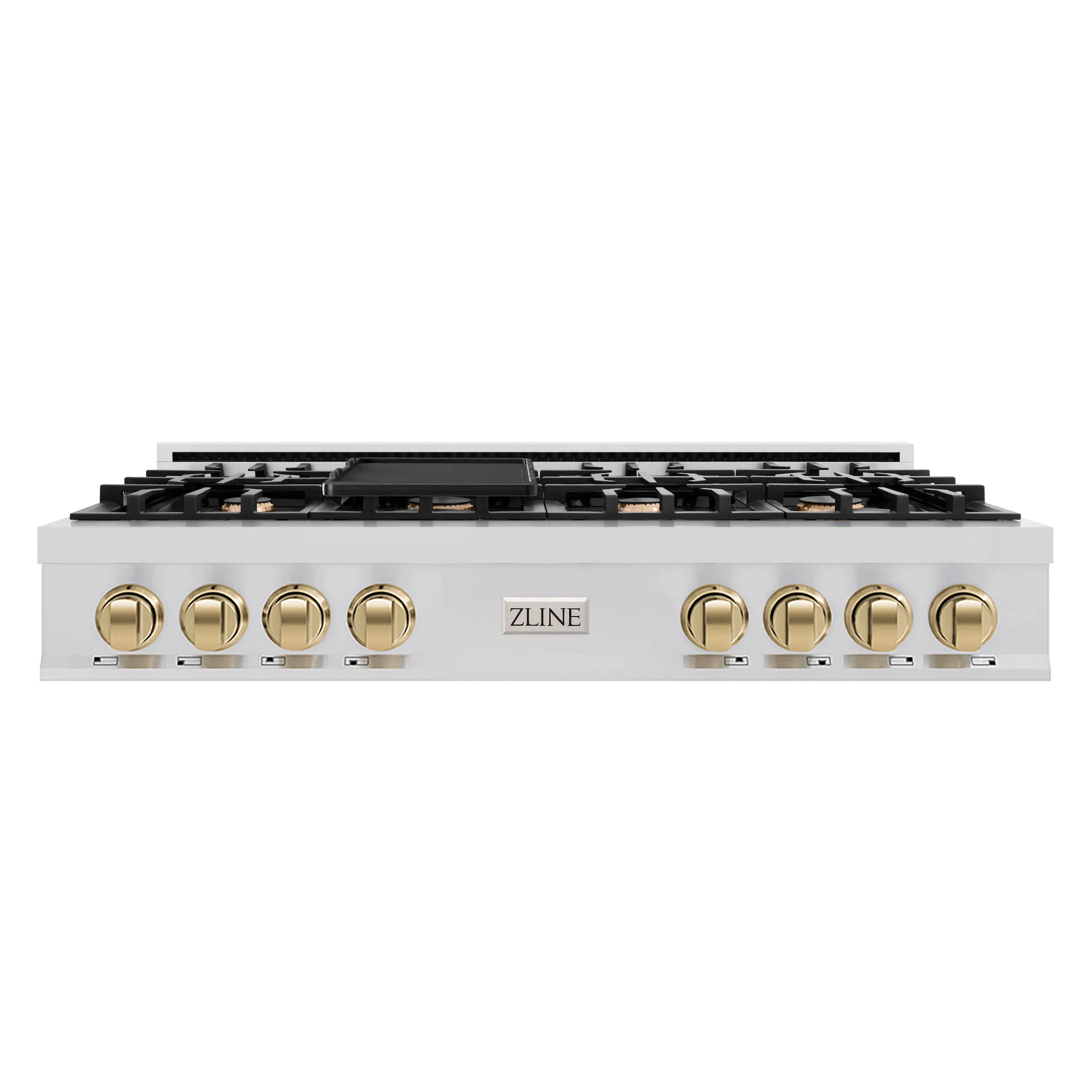 48-inch gas rangetop front view with seven knobs and stainless face