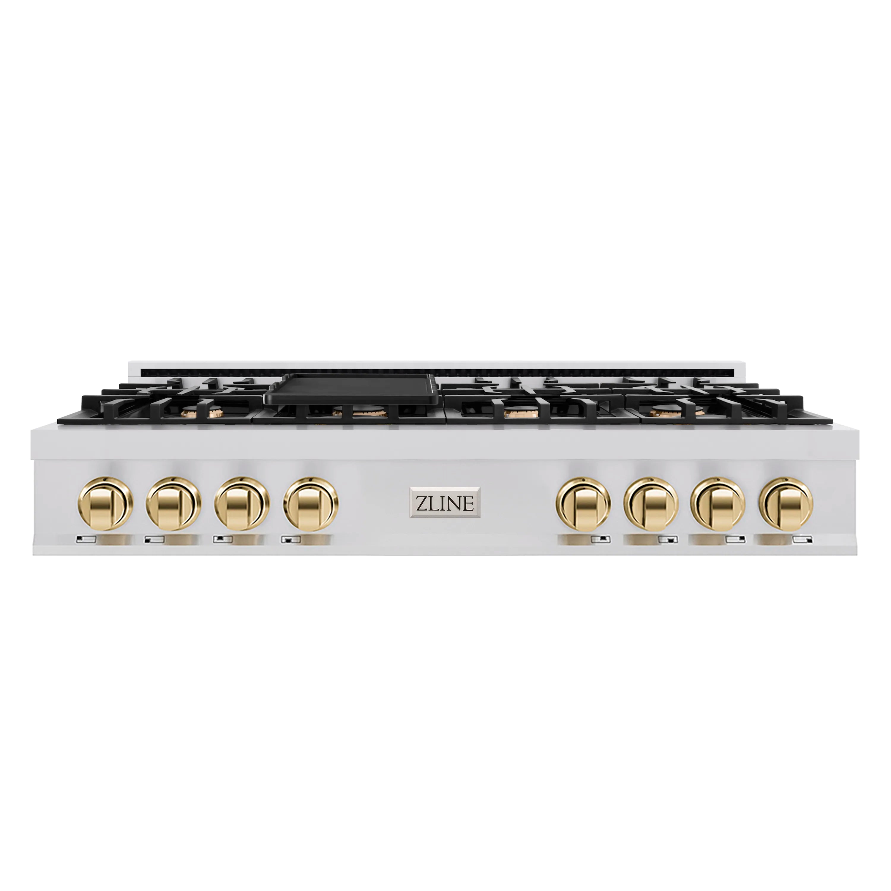 ZLINE gas rangetop front view with stainless steel panel, black grates, and gold knobs