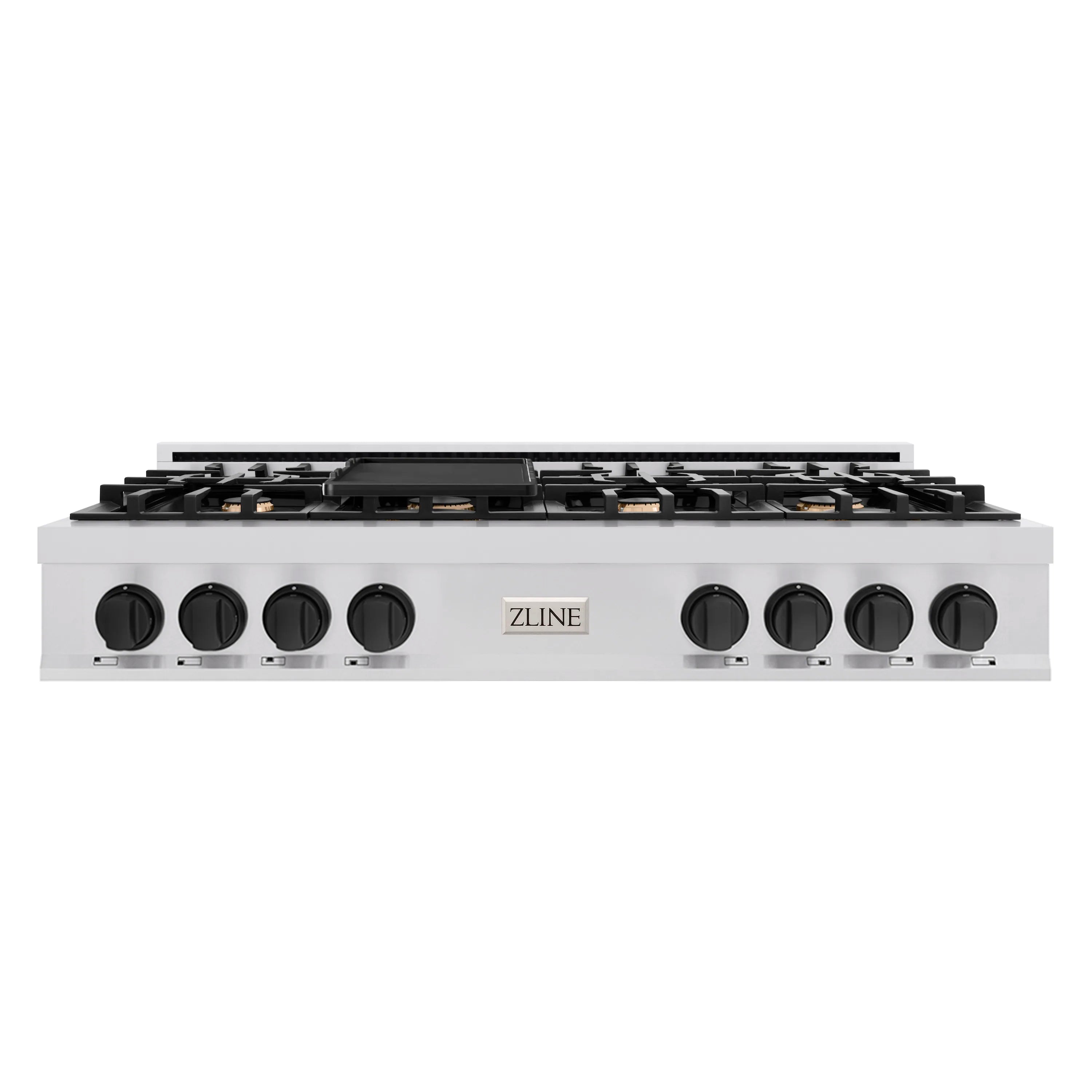 Stainless steel gas rangetop with black control knobs and burner grates
