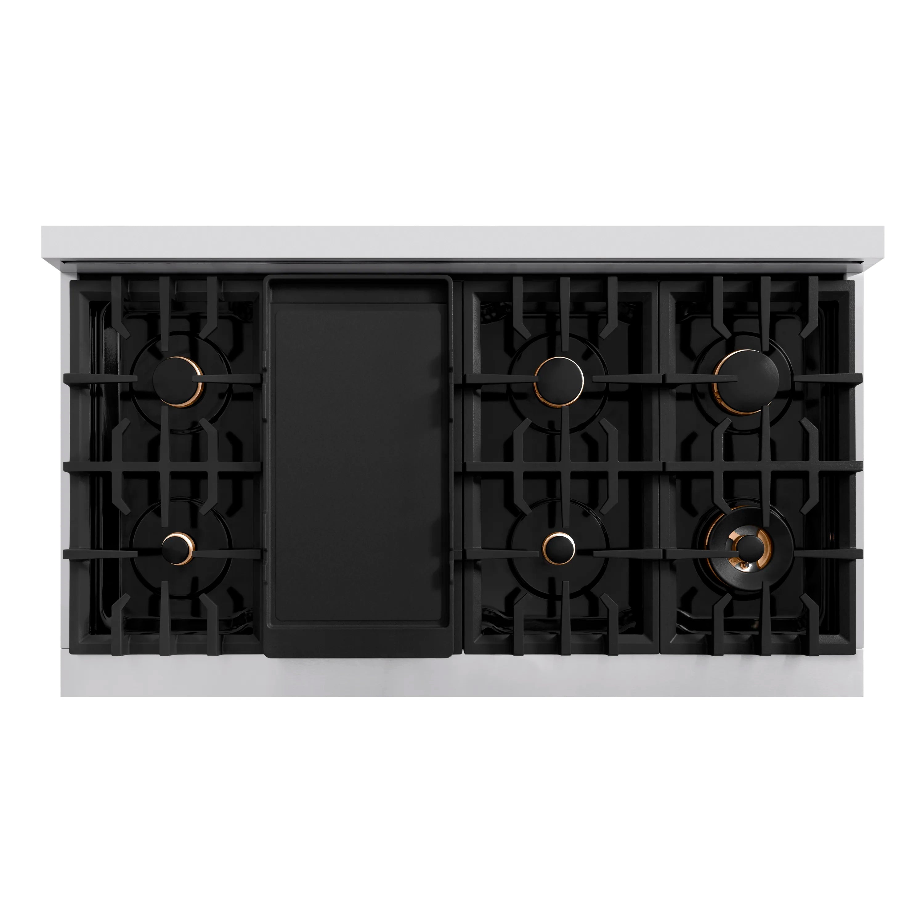 Built-in gas rangetop with black griddle insert and brass-ring burners exposed