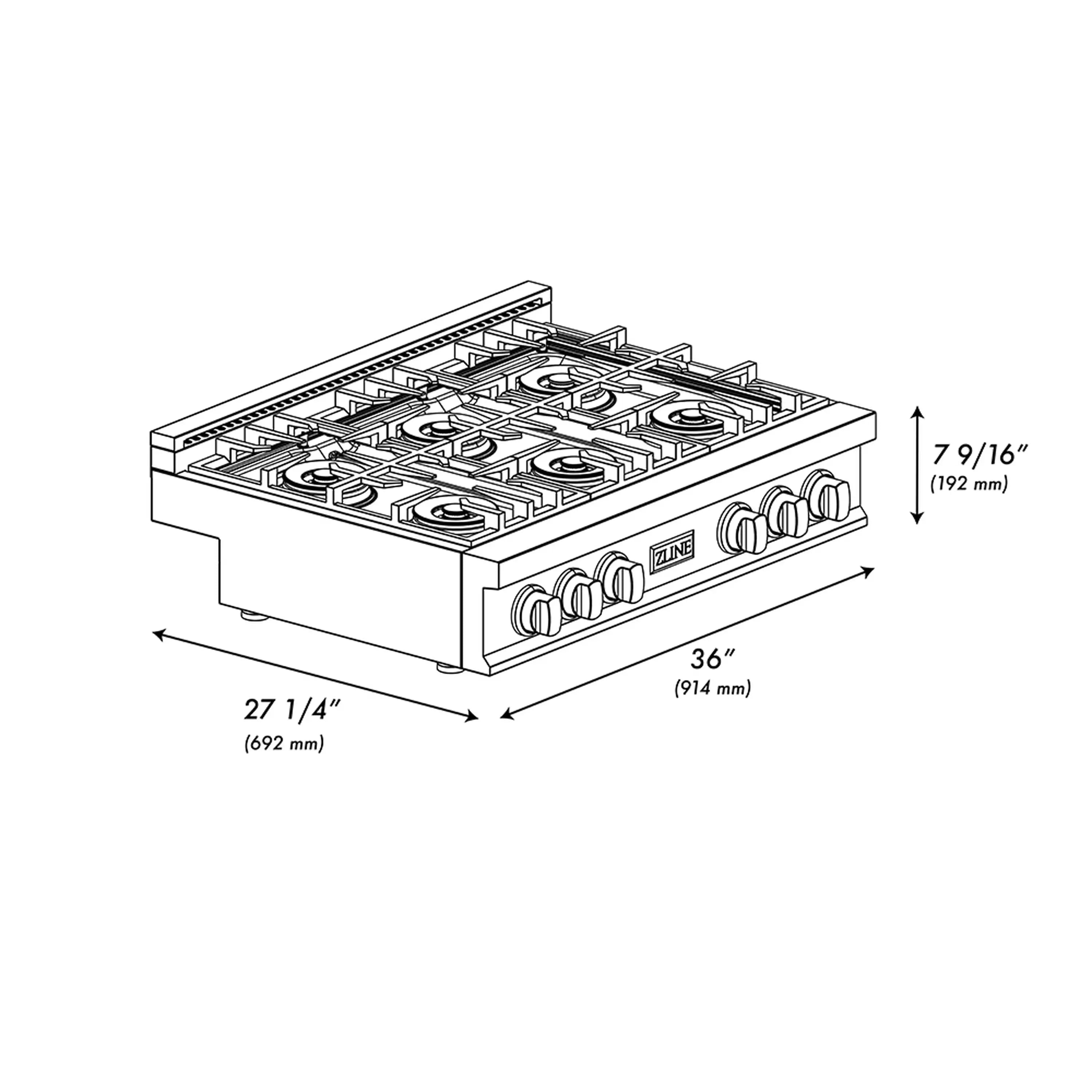 Gas cooktop burner layout diagram with metal grate and control knobs