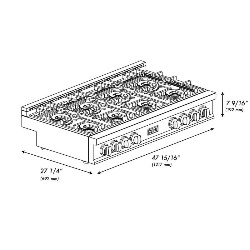 ZLINE Autograph Edition 48-Inch Classic Gas Rangetop with 8 Burner DuoPro™ Cooktop in Black Stainless Steel and Polished Gold Accents (PCRTBZ-48-G)