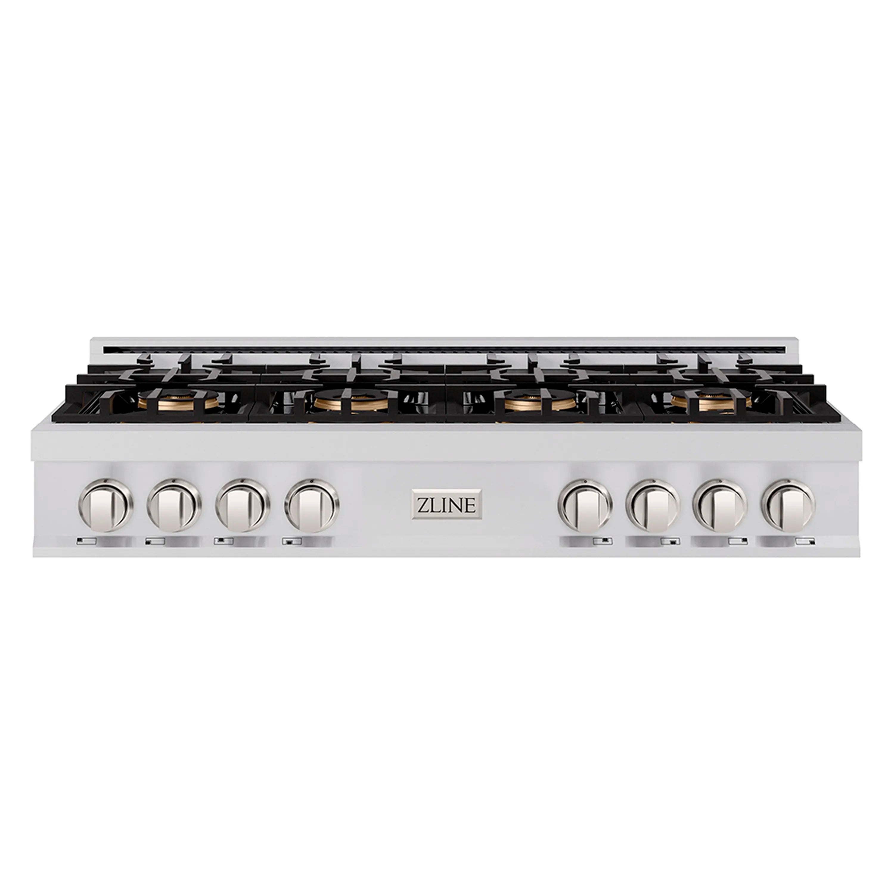 Stainless steel 8-burner gas rangetop with front control knobs and ZLINE branding