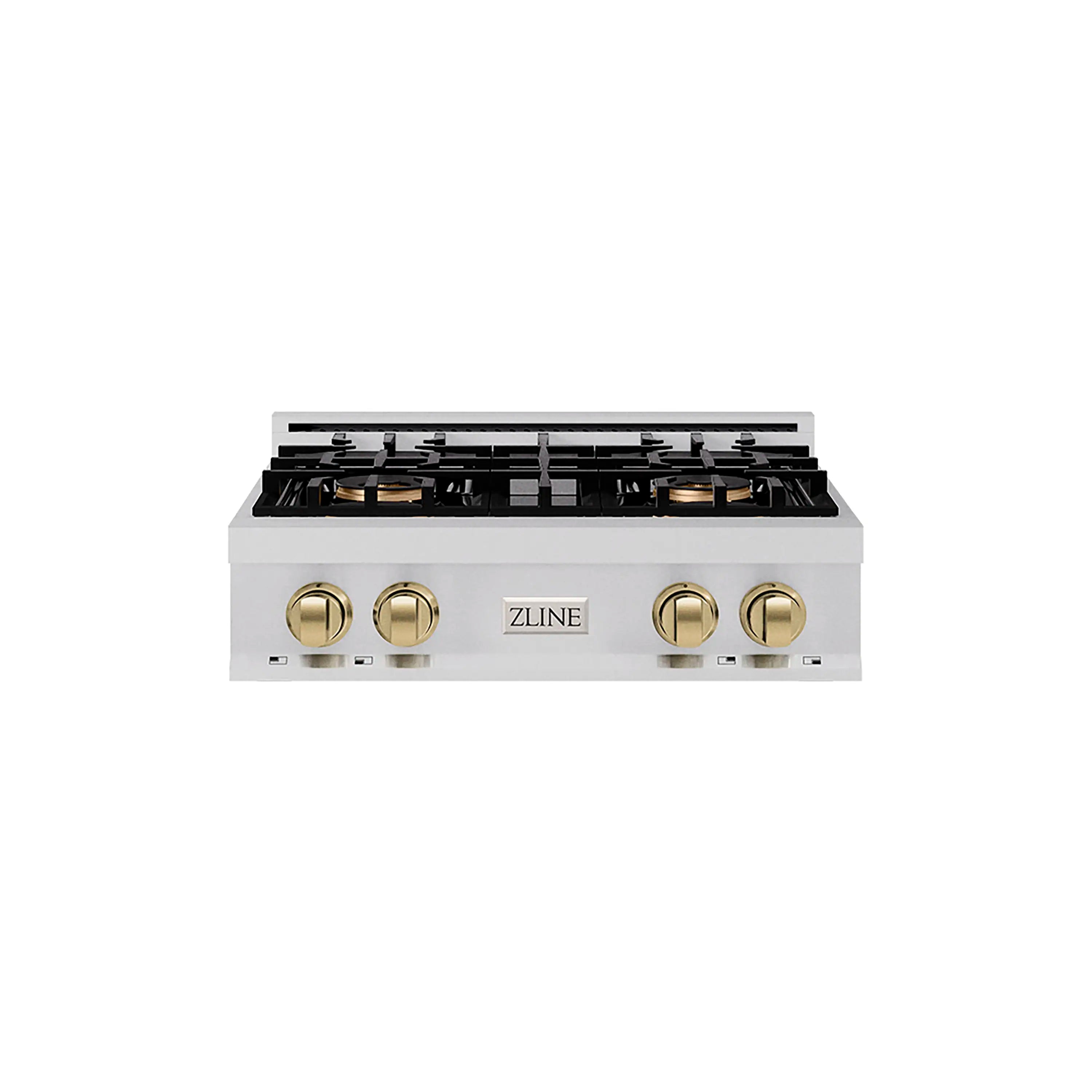 Front view of a stainless gas rangetop with four burner control knobs