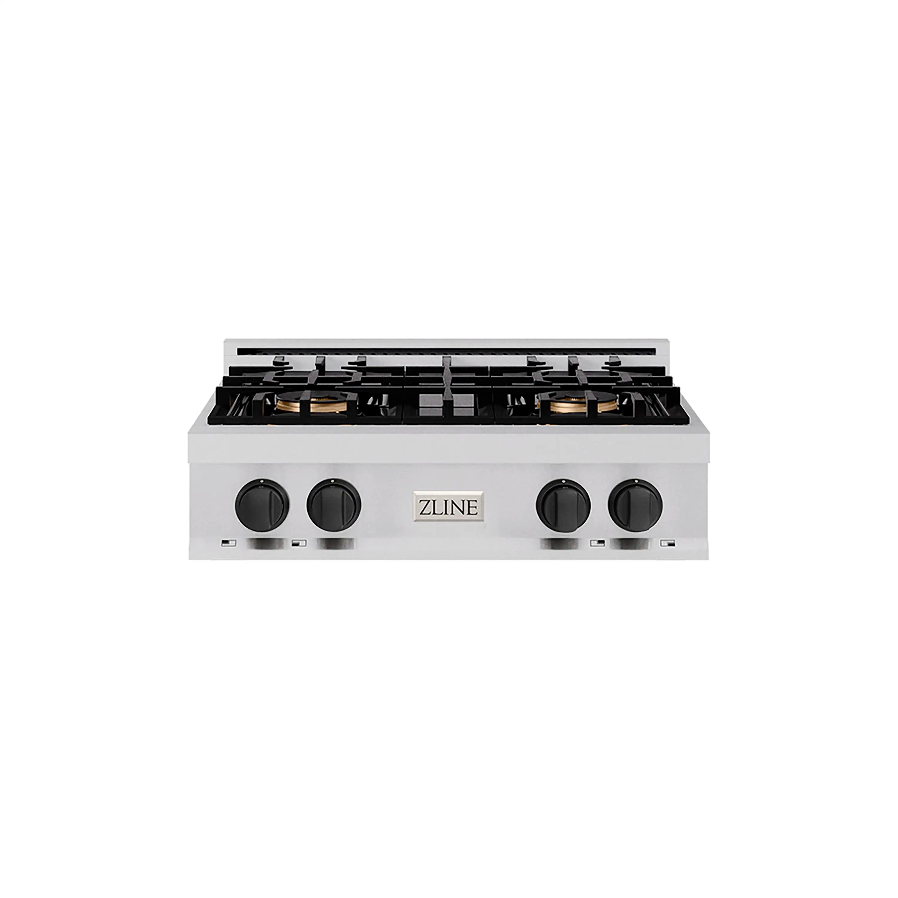 ZLINE stainless gas cooktop with four burners and black control knobs