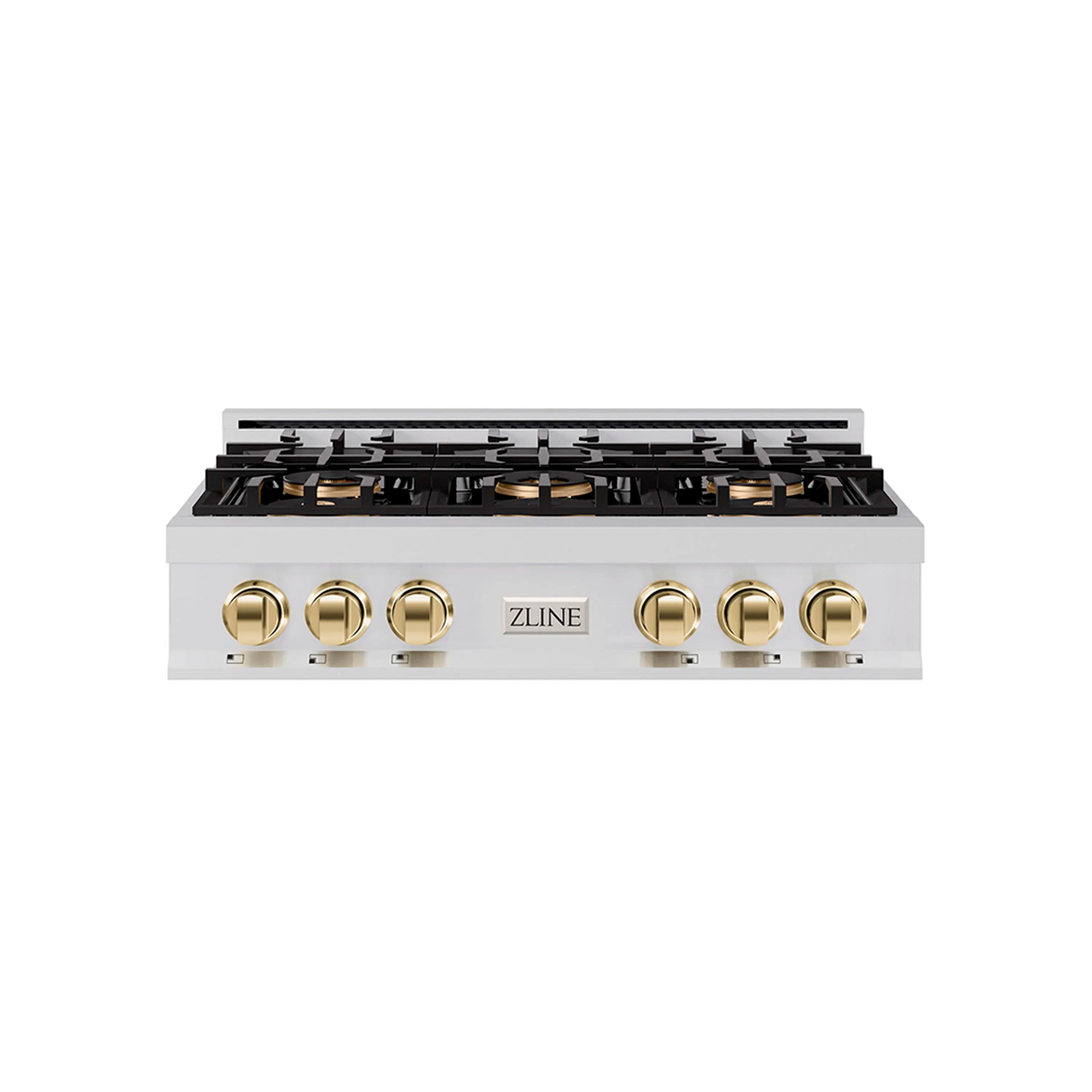 36-inch gas rangetop front view with gold control knobs and black burner grates