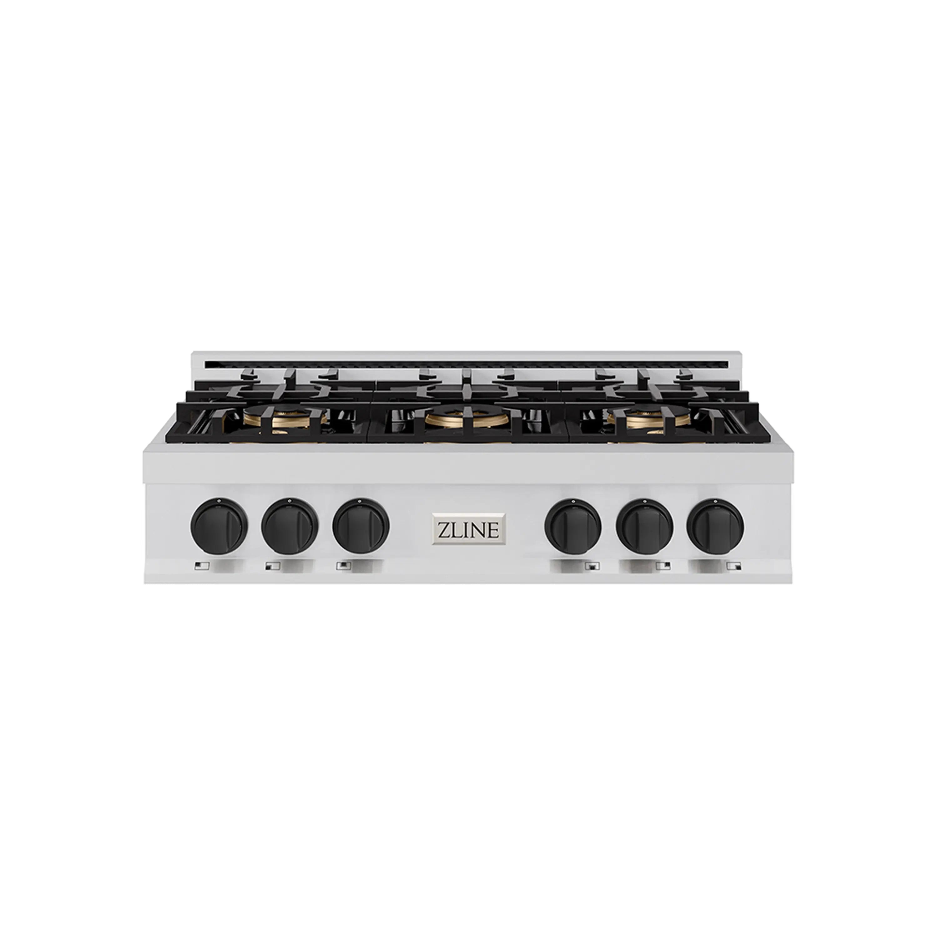 36-inch gas rangetop front view with black control knobs and burner grates