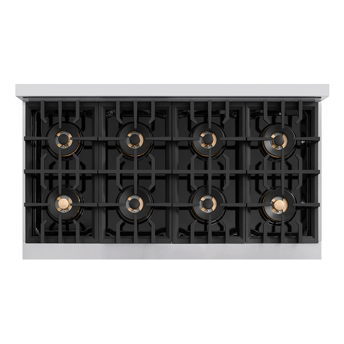 Stainless-trimmed gas rangetop with 8 burners and black cast grates, front view
