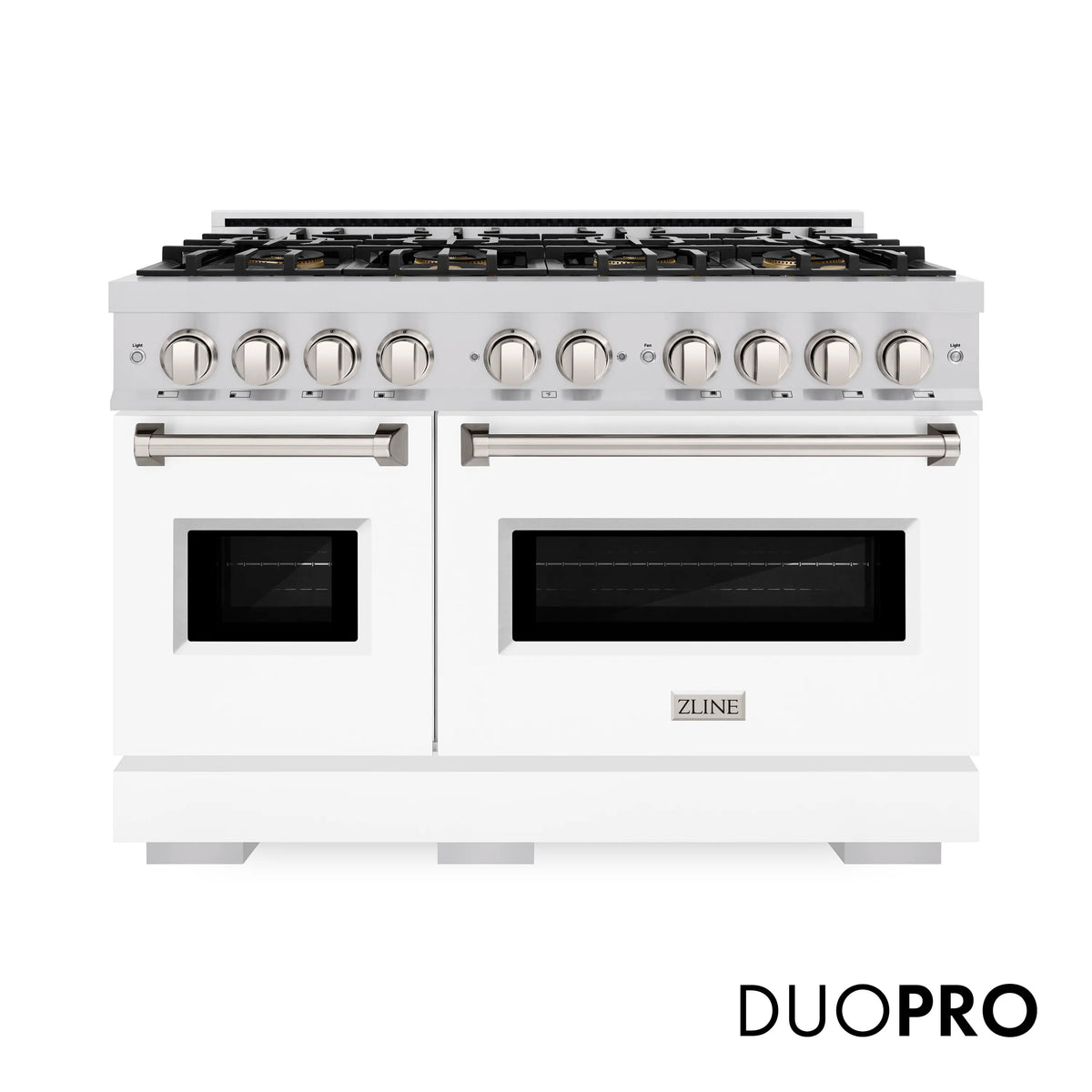 White matte gas range front view with eight-burner DuoPro cooktop and dual ovens