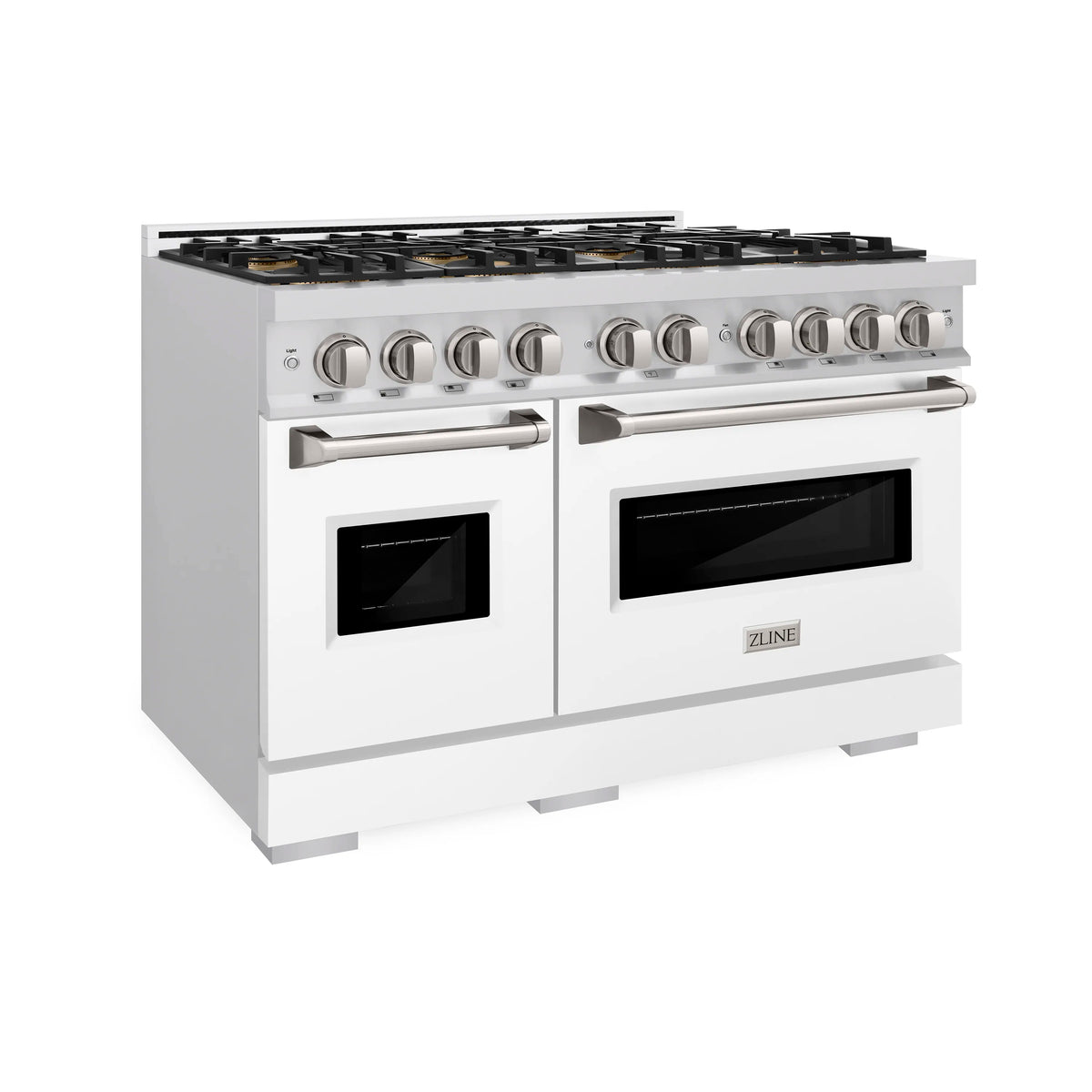 White matte gas range with eight-burner DuoPro cooktop and dual ovens