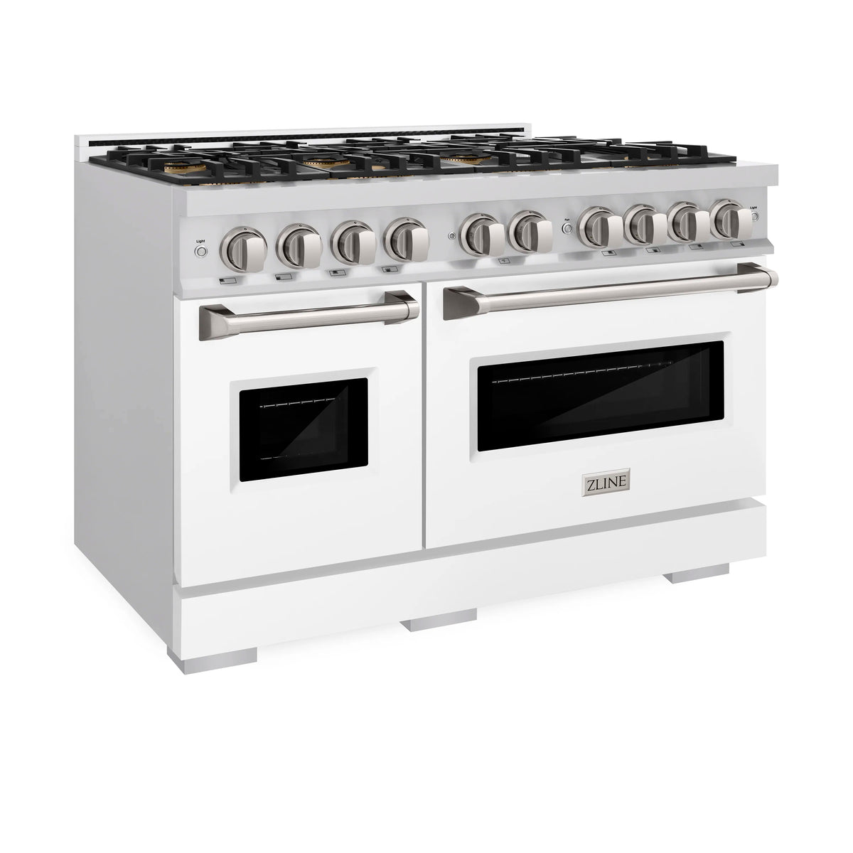 White matte gas range in 3/4 view with eight-burner cooktop and dual oven doors